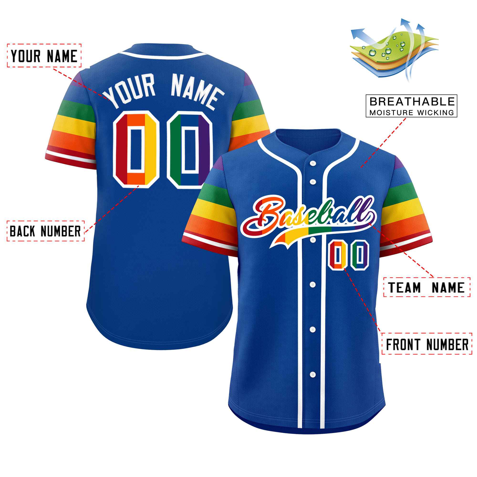 Custom Royal LGBT Rainbow For Pride Month Raglan Sleeves Authentic Baseball Jersey