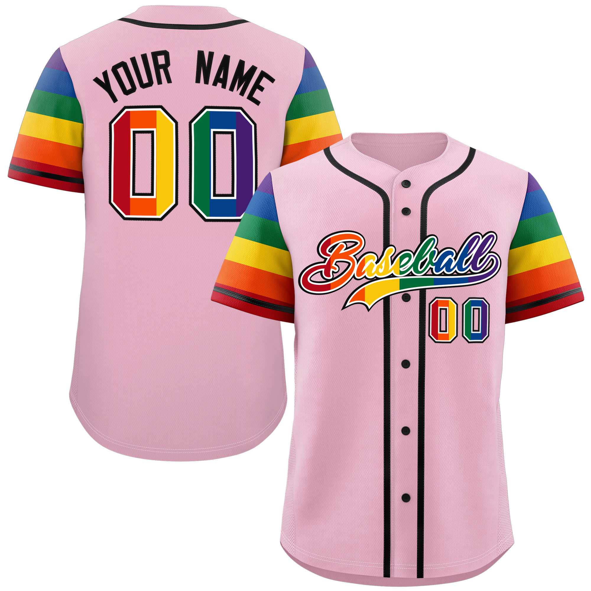 Custom Light Pink LGBT Rainbow For Pride Month Raglan Sleeves Authentic Baseball Jersey