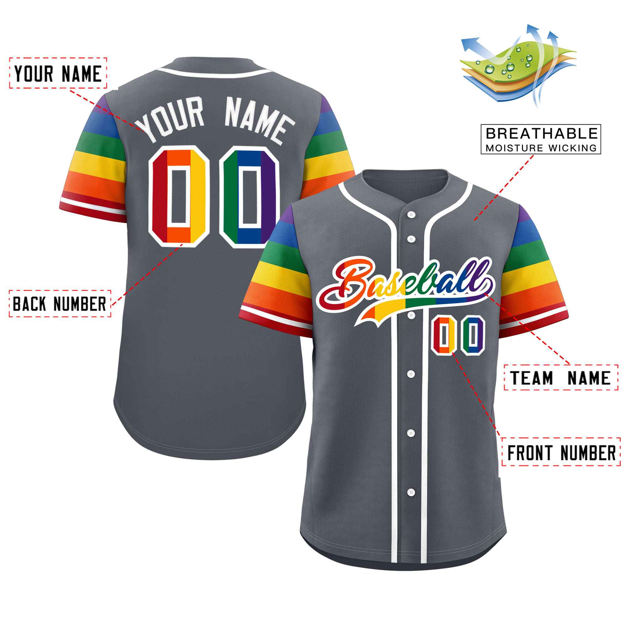 Custom Dark Gray LGBT Rainbow For Pride Month Raglan Sleeve Authentic Baseball Jersey