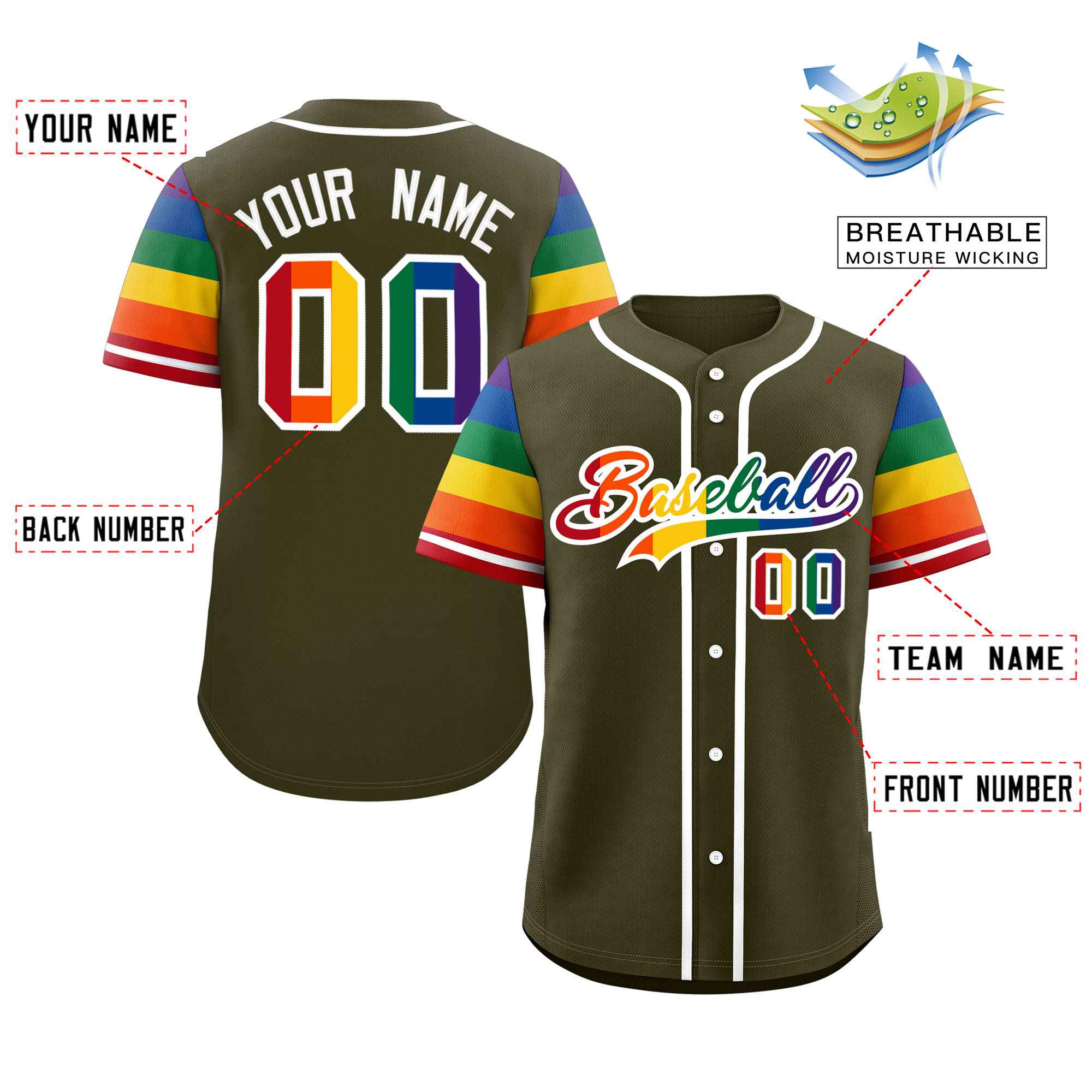 Custom Olive LGBT Rainbow For Pride Month Raglan Sleeves Authentic Baseball Jersey