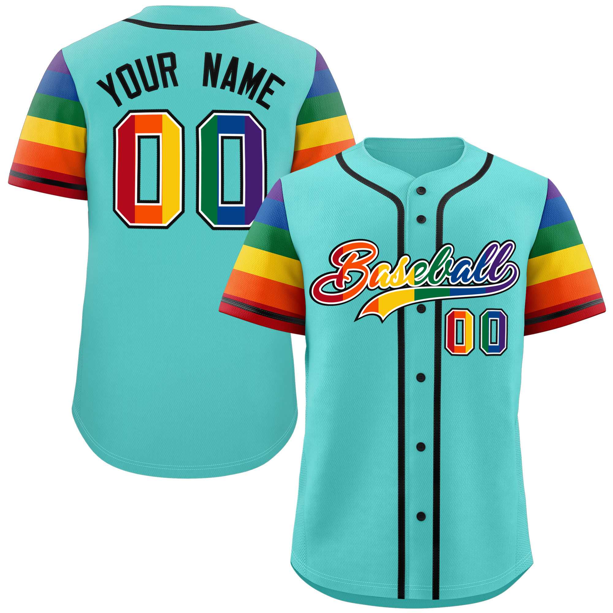 Custom Aqua LGBT Rainbow For Pride Month Raglan Sleeves Authentic Baseball Jersey