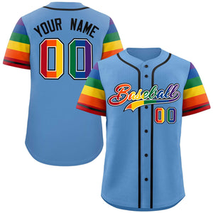 Custom Light Blue LGBT Rainbow For Pride Month Raglan Sleeves Authentic Baseball Jersey