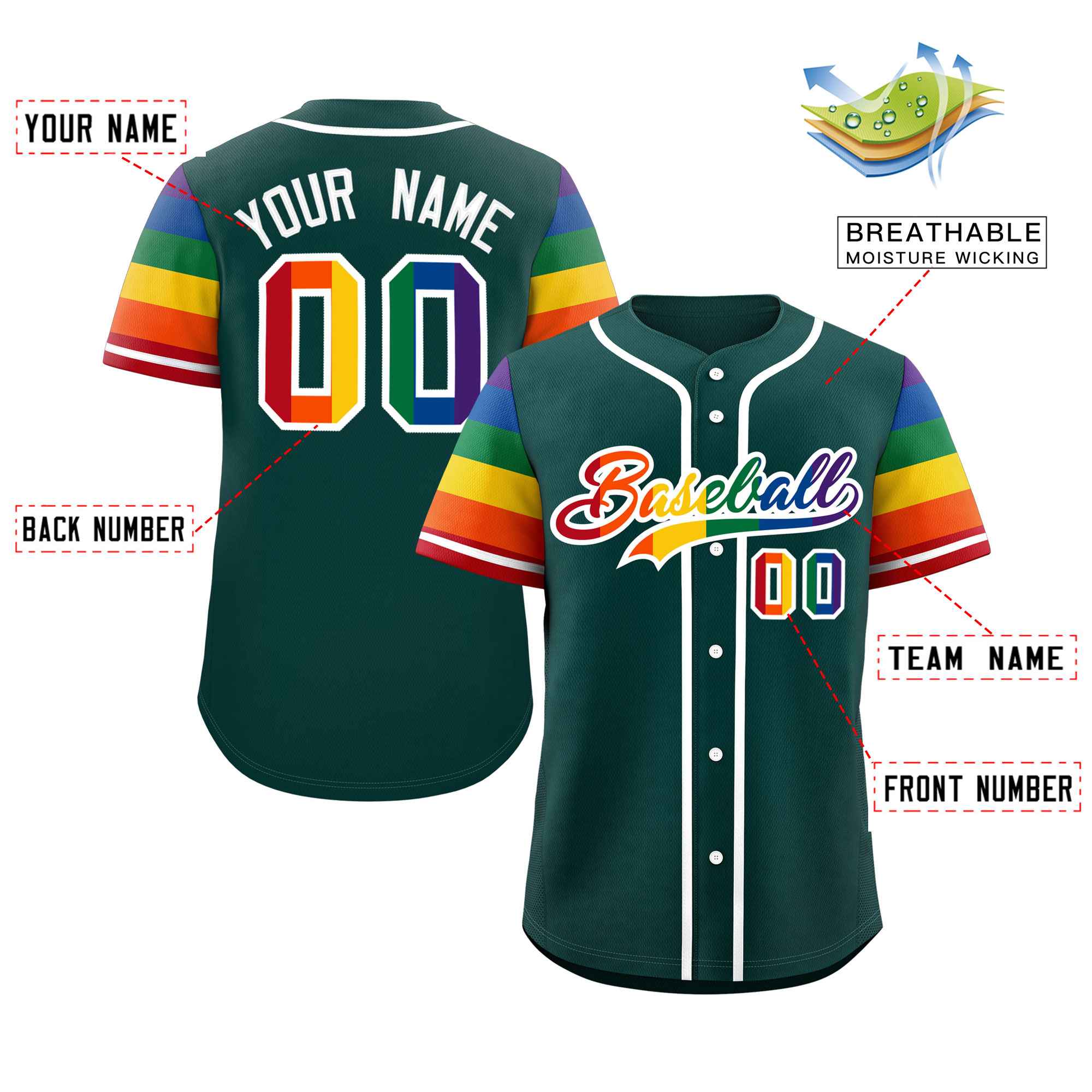 Custom Midnight Green LGBT Rainbow For Pride Month Raglan Sleeves Authentic Baseball Jersey