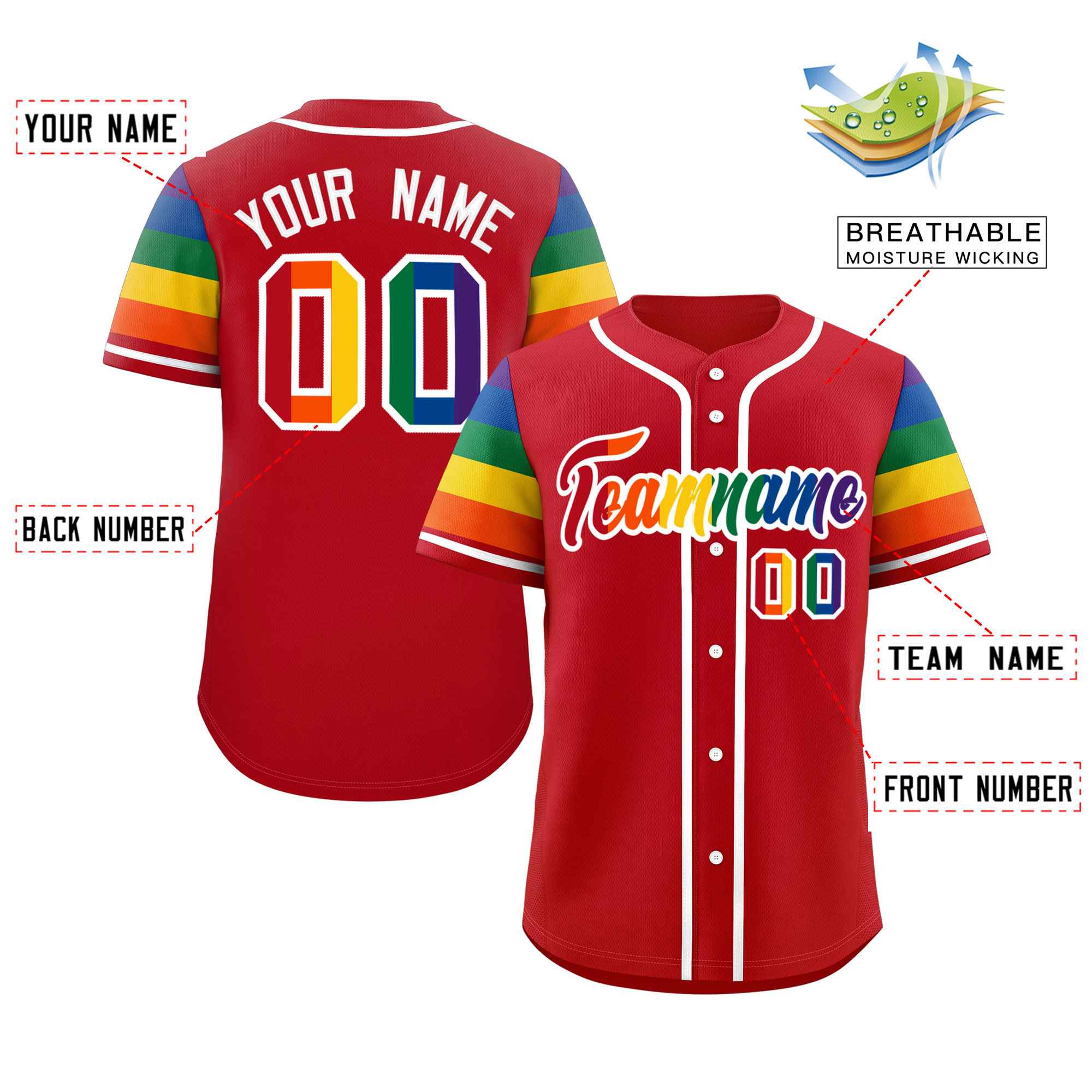 Custom Red LGBT Rainbow For Pride Month Raglan Sleeves Authentic Baseball Jersey