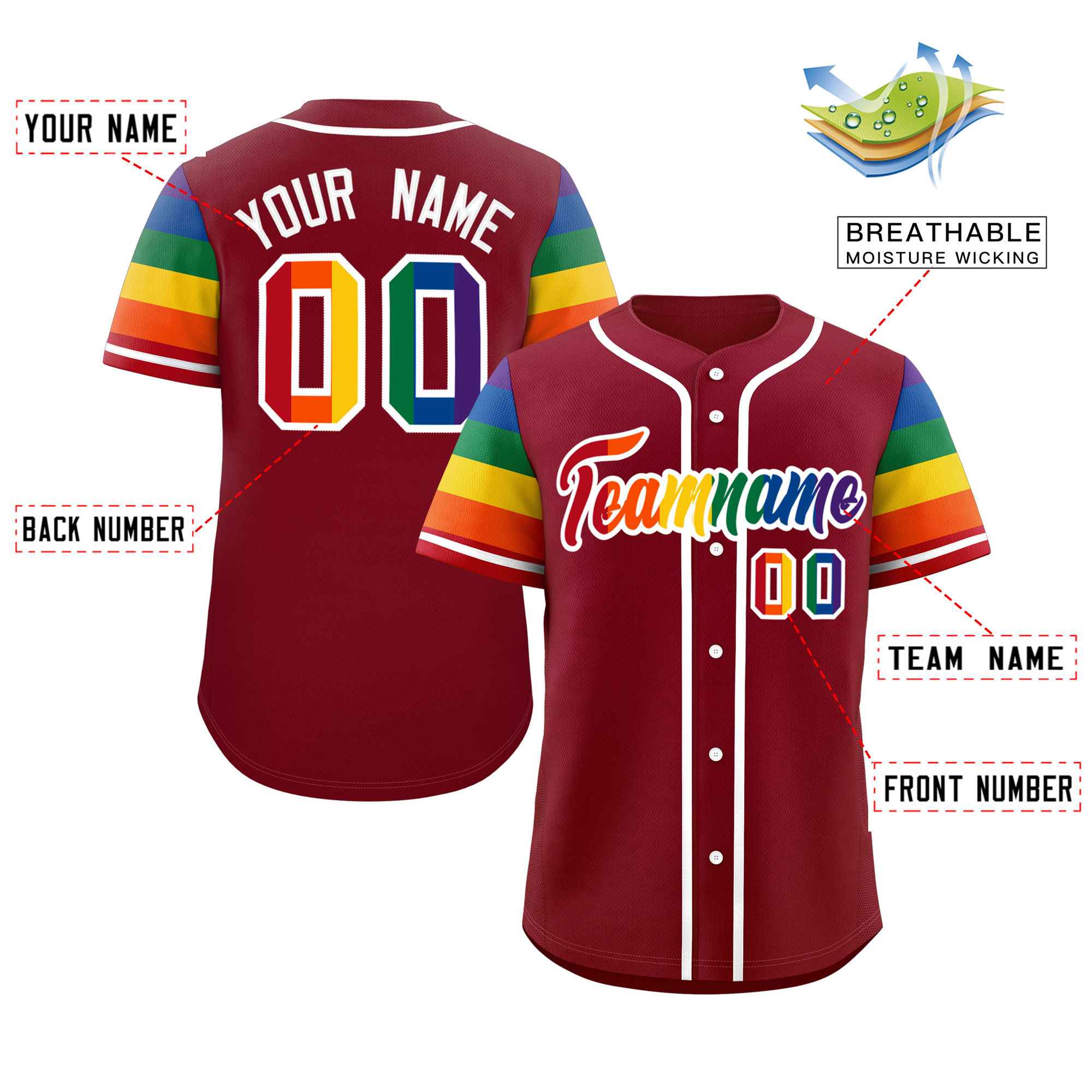 Custom Crimson LGBT Rainbow For Pride Month Raglan Sleeves Authentic Baseball Jersey