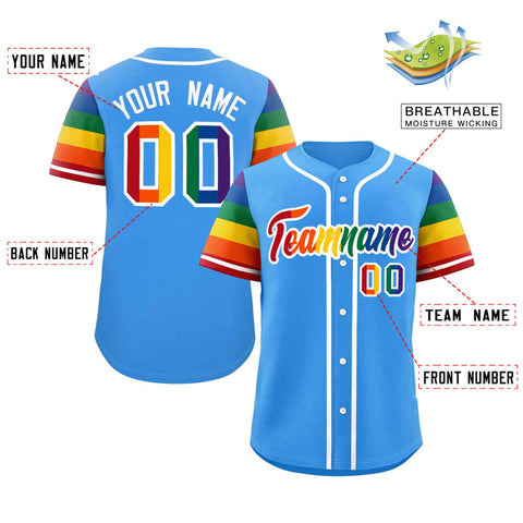 Custom Powder Blue LGBT Rainbow For Pride Month Raglan Sleeve Authentic Baseball Jersey