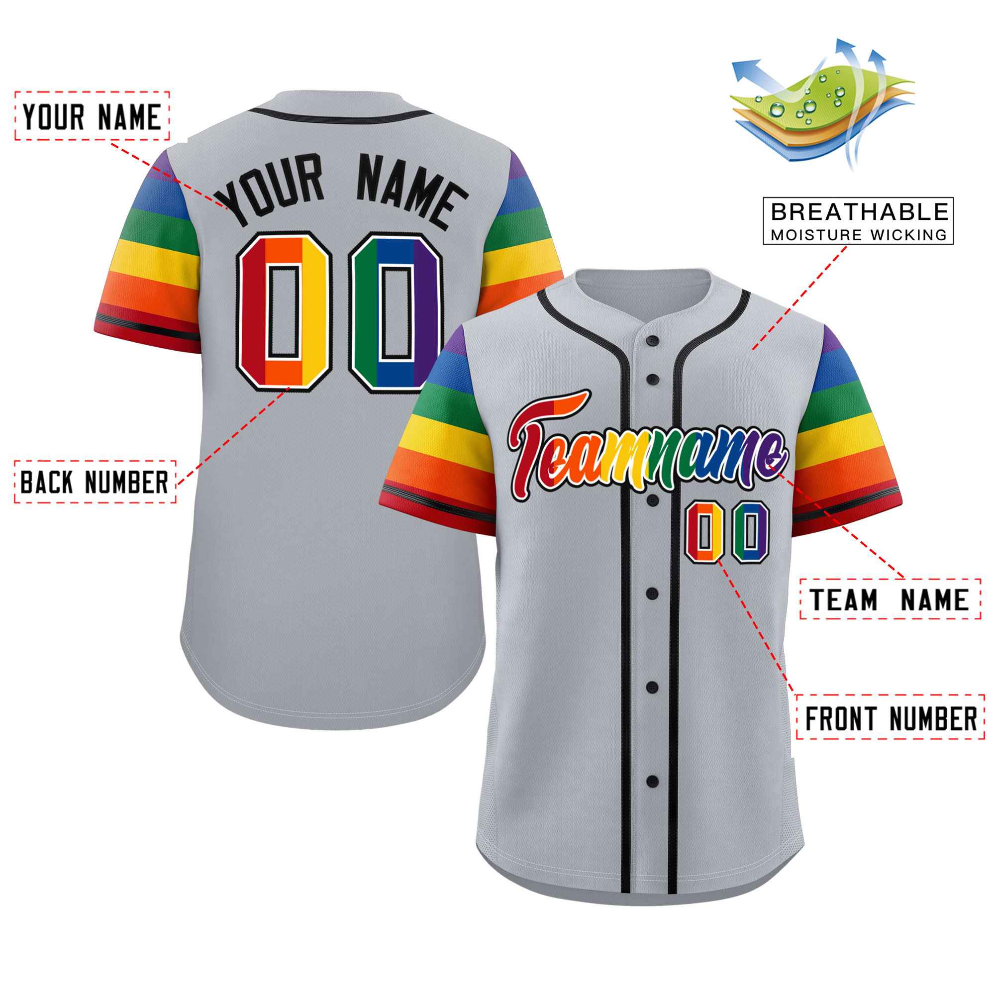 Custom Gray LGBT Rainbow For Pride Month Raglan Sleeves Authentic Baseball Jersey