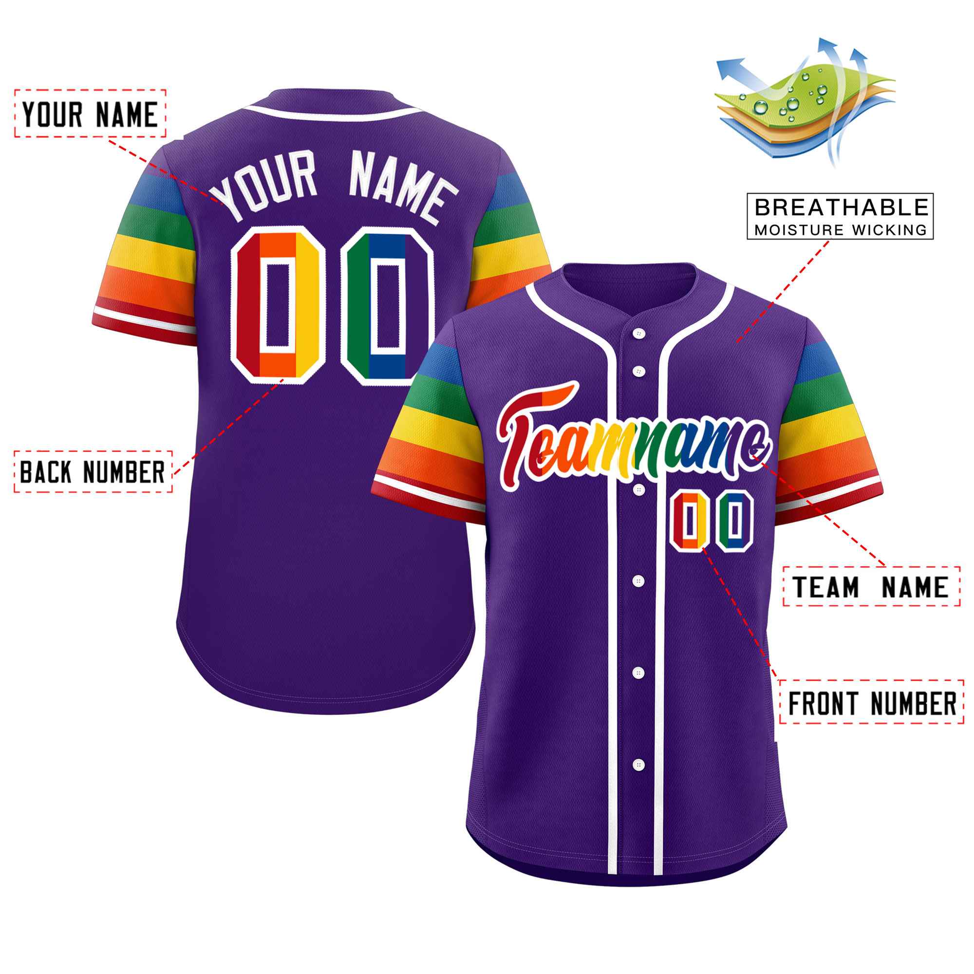 Custom Purple LGBT Rainbow For Pride Month Raglan Sleeves Authentic Baseball Jersey