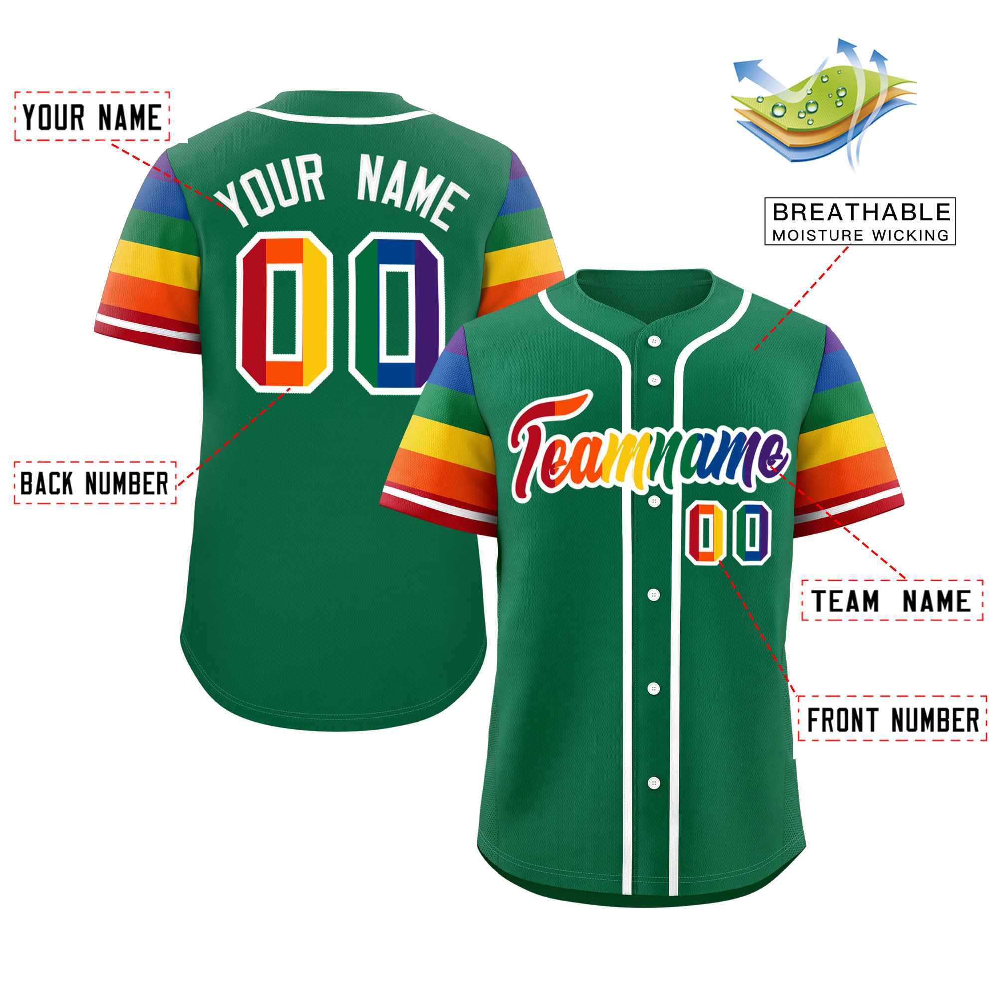 Custom Kelly Green LGBT Rainbow For Pride Month Raglan Sleeves Authentic Baseball Jersey