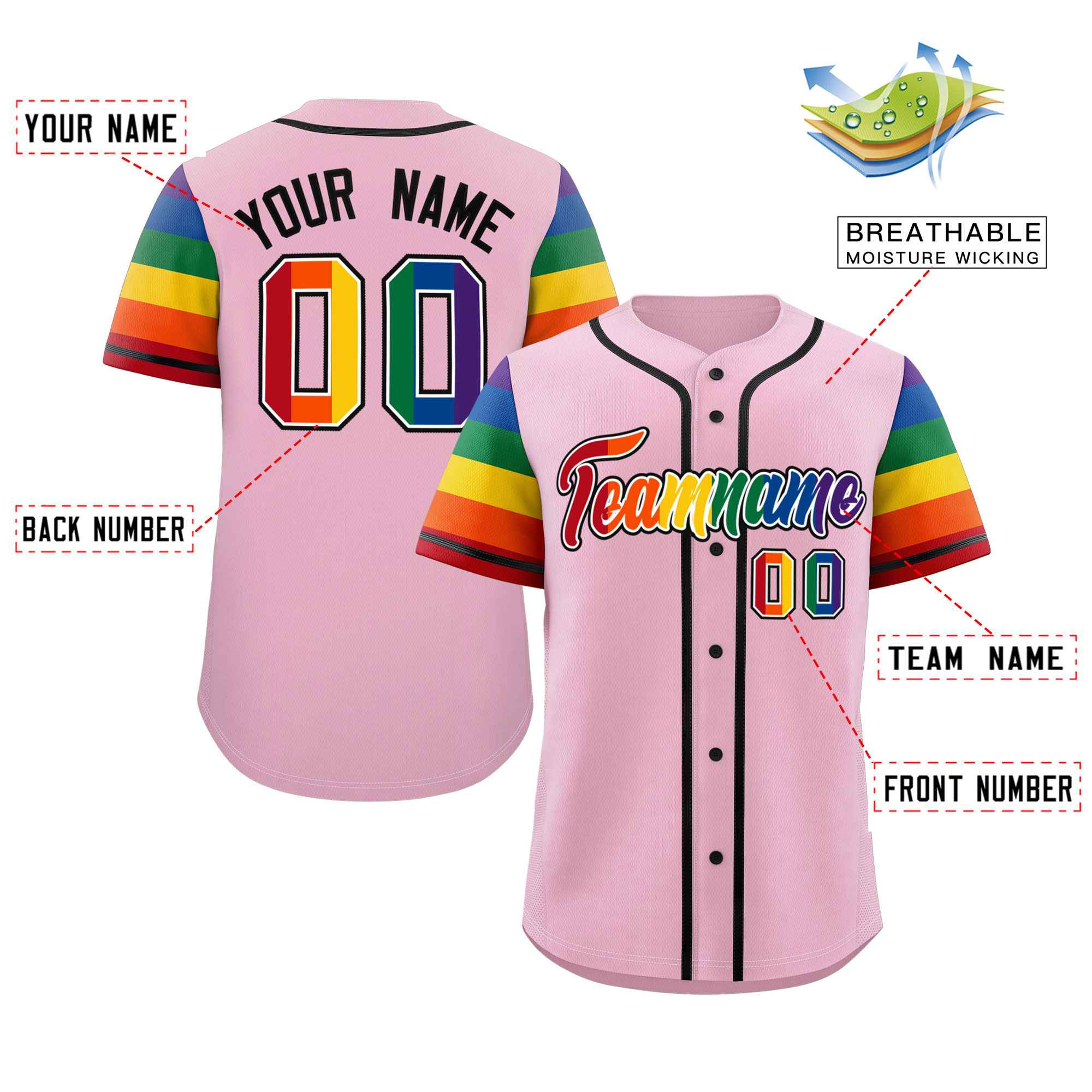 Custom Light Pink LGBT Rainbow For Pride Month Raglan Sleeves Authentic Baseball Jersey