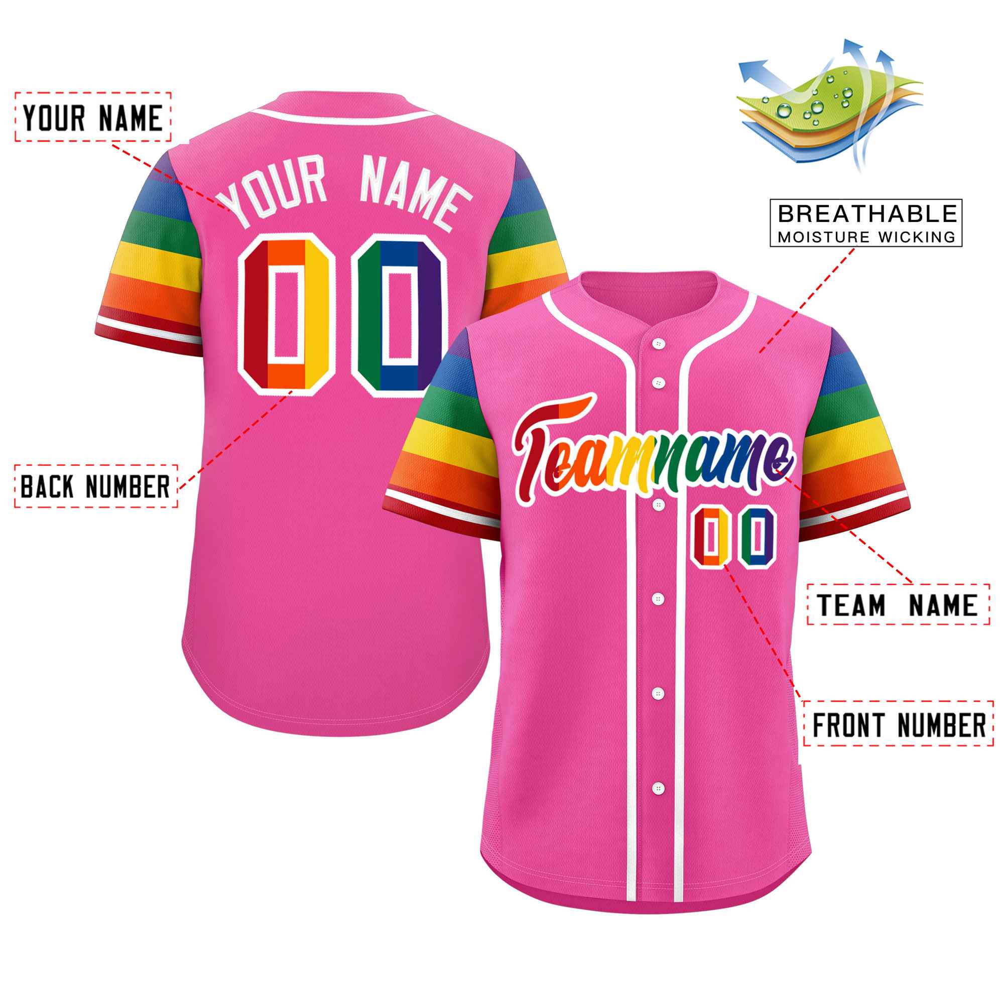 Custom Pink LGBT Rainbow For Pride Month Raglan Sleeves Authentic Baseball Jersey