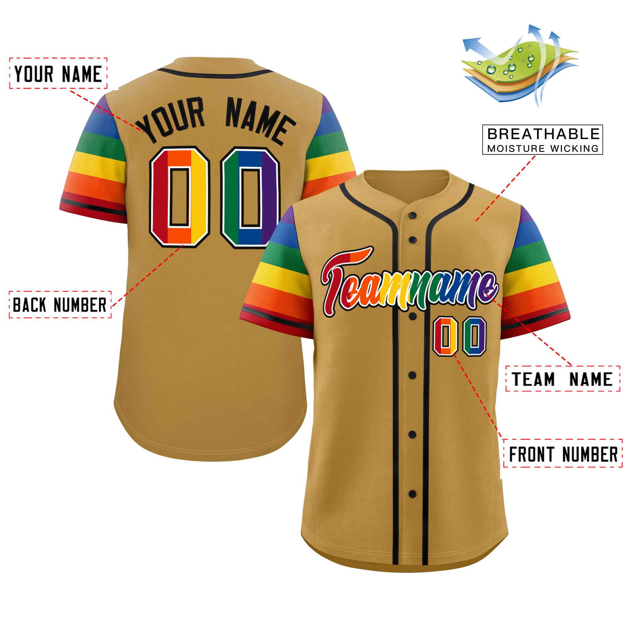 Custom Old Gold LGBT Rainbow For Pride Month Raglan Sleeves Authentic Baseball Jersey