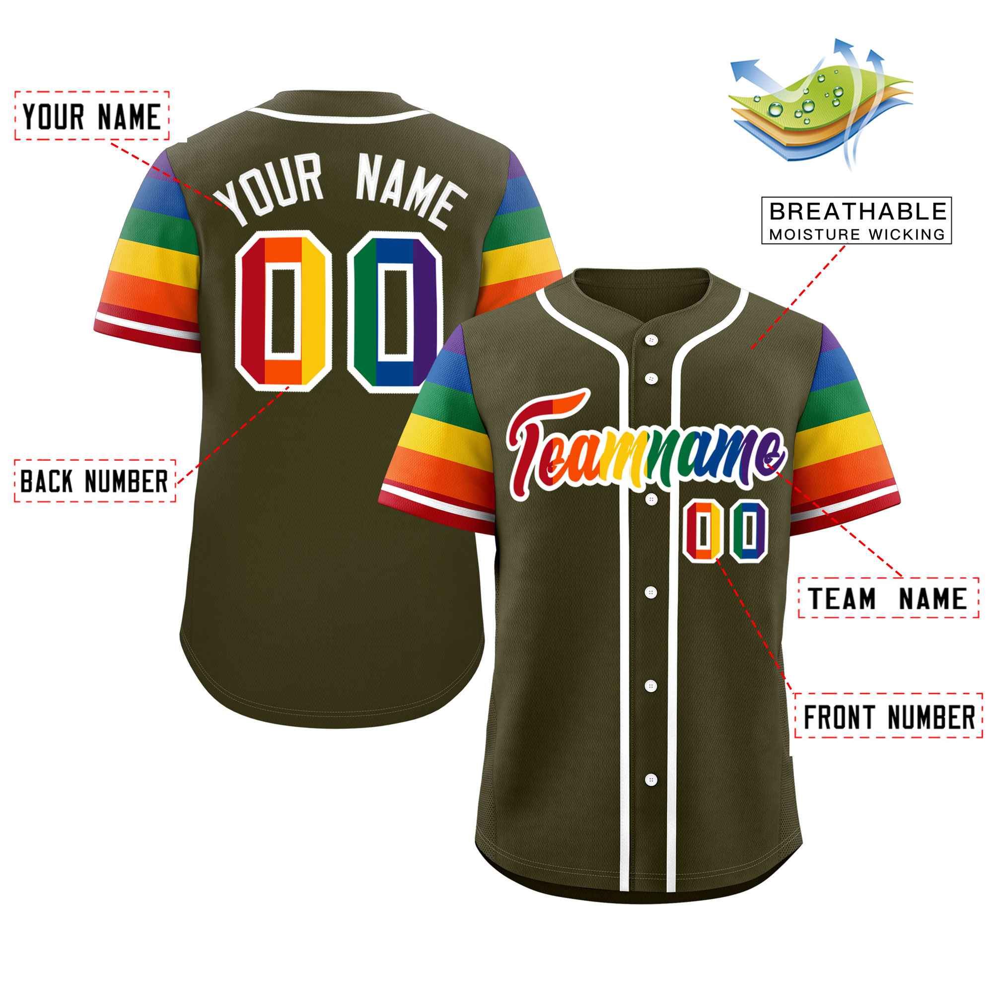 Custom Olive LGBT Rainbow For Pride Month Raglan Sleeves Authentic Baseball Jersey