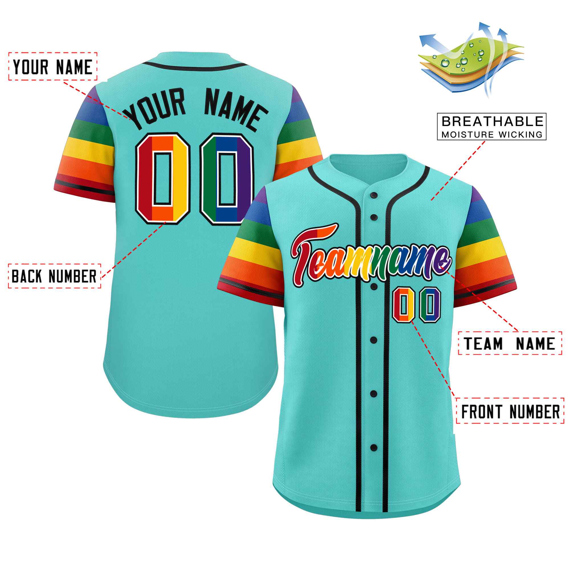 Custom Aqua LGBT Rainbow For Pride Month Raglan Sleeves Authentic Baseball Jersey