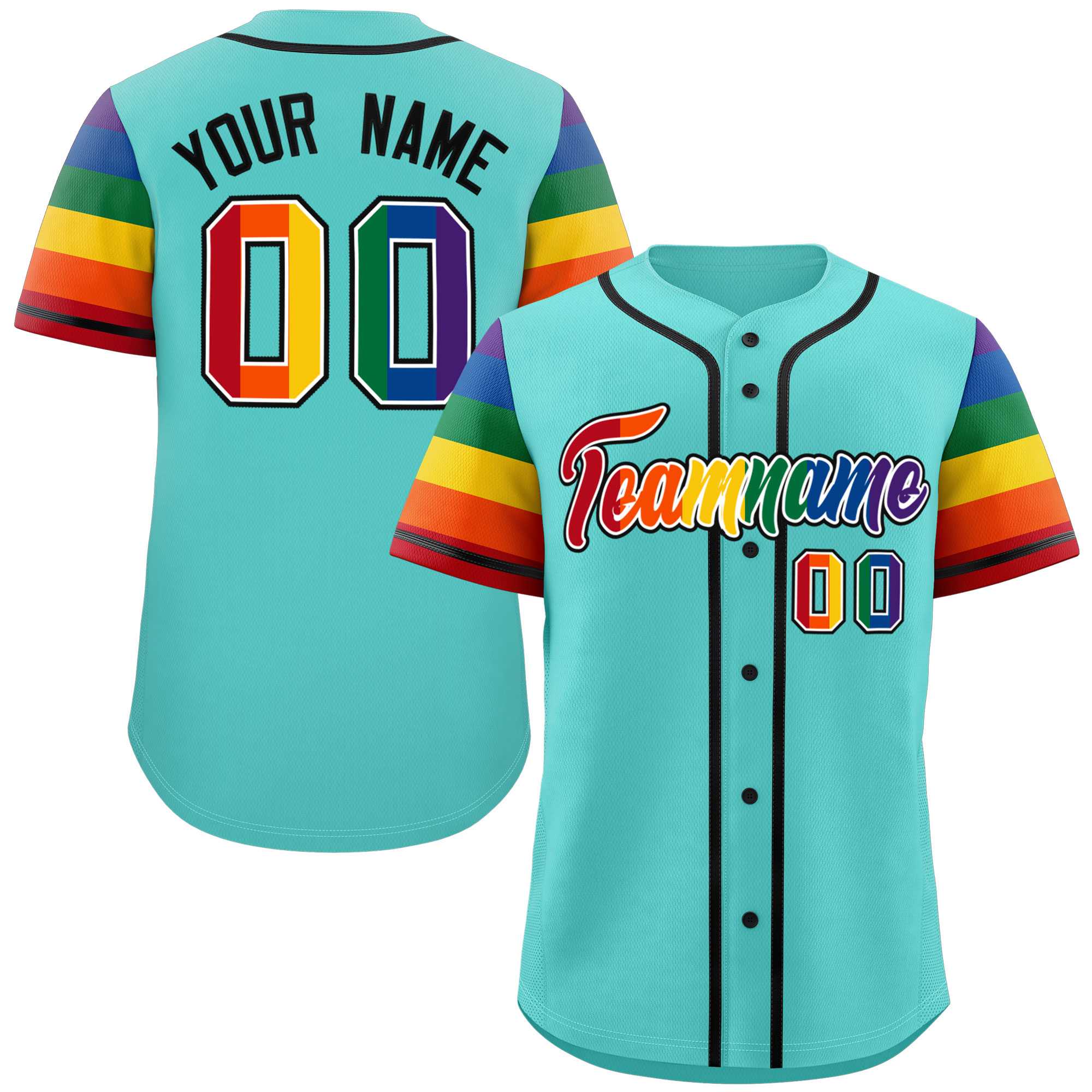 Custom Aqua LGBT Rainbow For Pride Month Raglan Sleeves Authentic Baseball Jersey