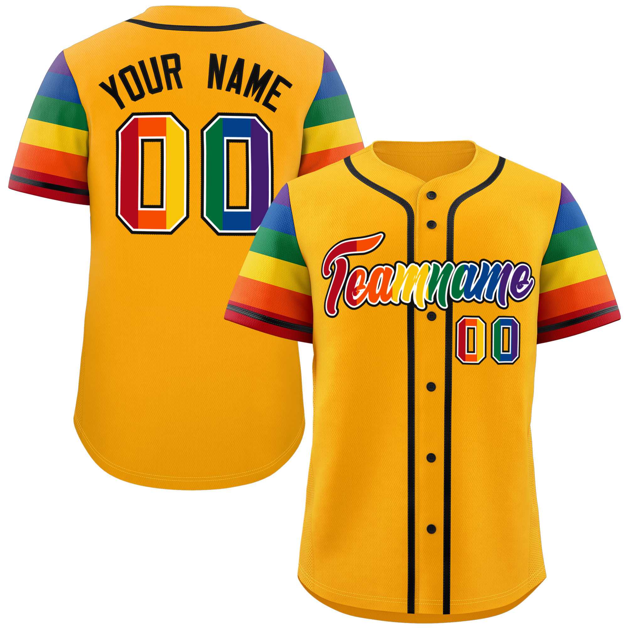 Custom Yellow LGBT Rainbow For Pride Month Raglan Sleeves Authentic Baseball Jersey