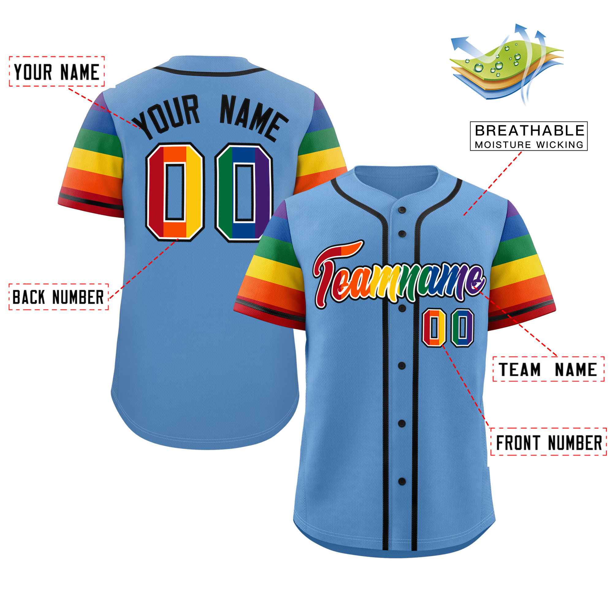 Custom Light Blue LGBT Rainbow For Pride Month Raglan Sleeves Authentic Baseball Jersey