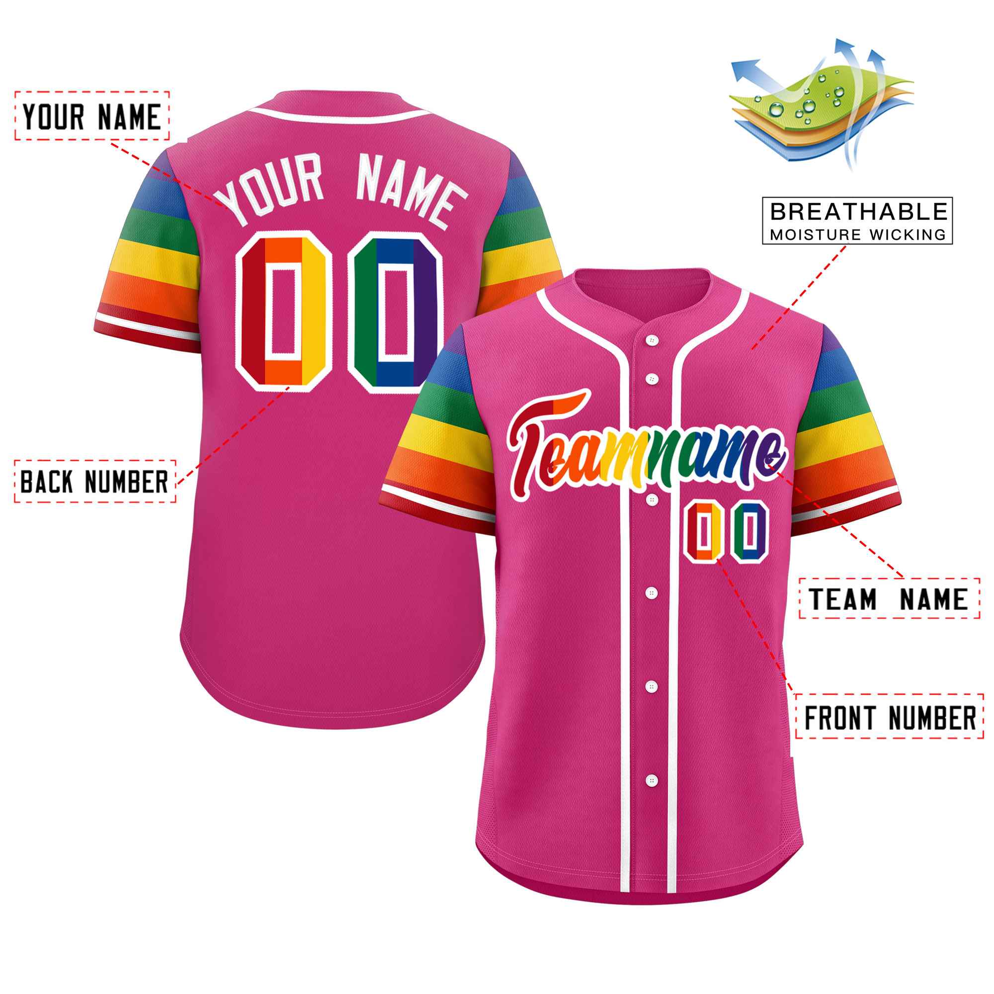 Custom Pink LGBT Rainbow For Pride Month Raglan Sleeves Authentic Baseball Jersey