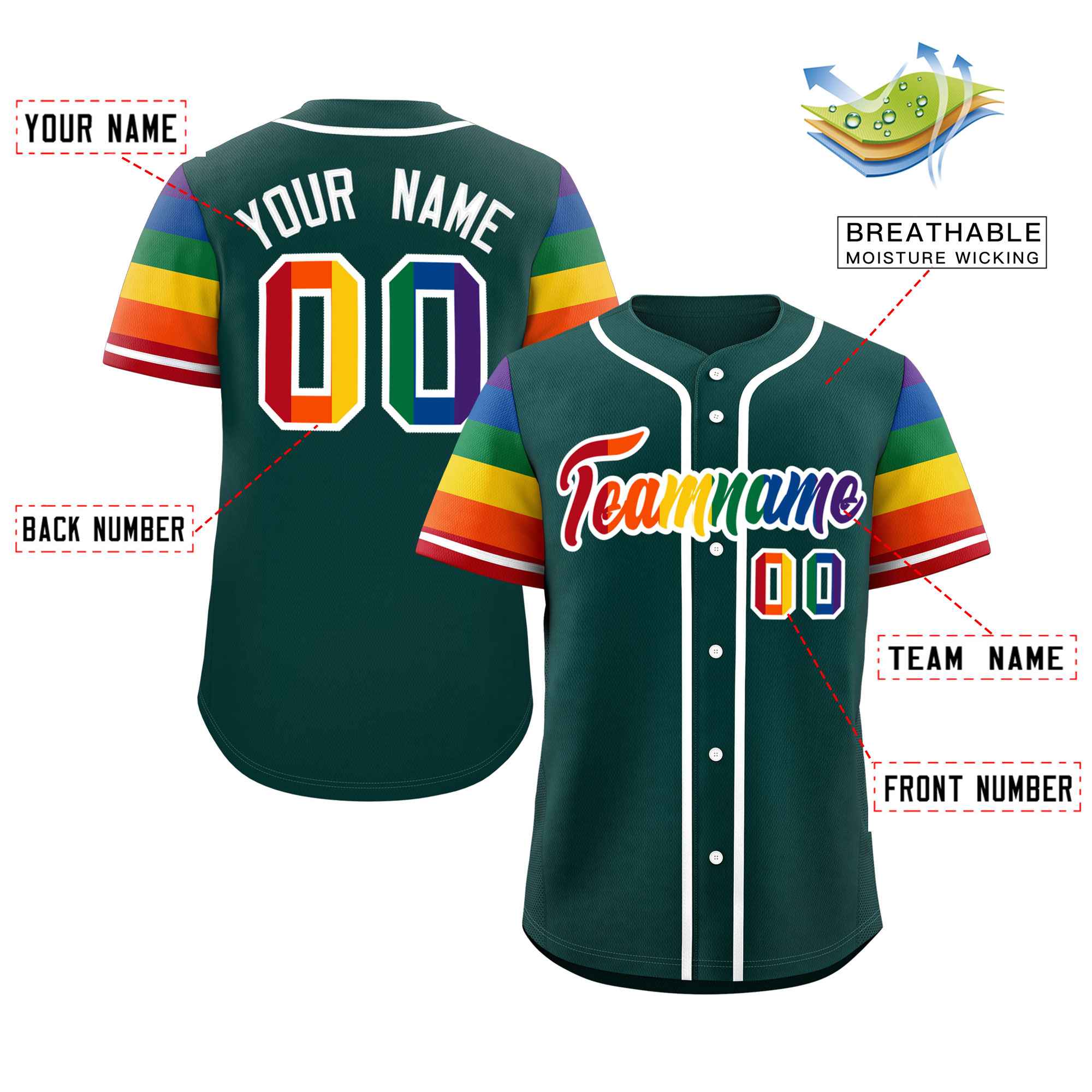 Custom Midnight Green LGBT Rainbow For Pride Month Raglan Sleeves Authentic Baseball Jersey