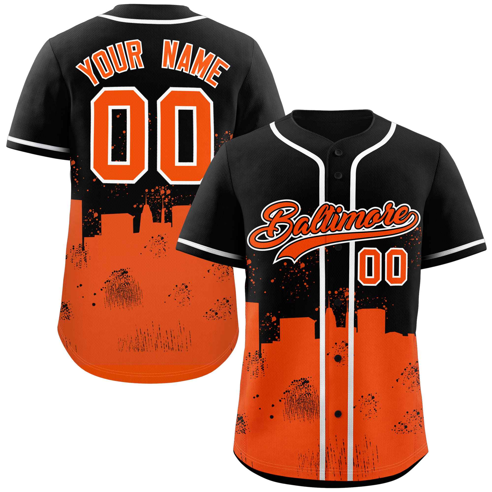 Maillot de baseball personnalisé, noir et Orange, personnalisé, paysage nocturne de la ville de Baltimore, authentique