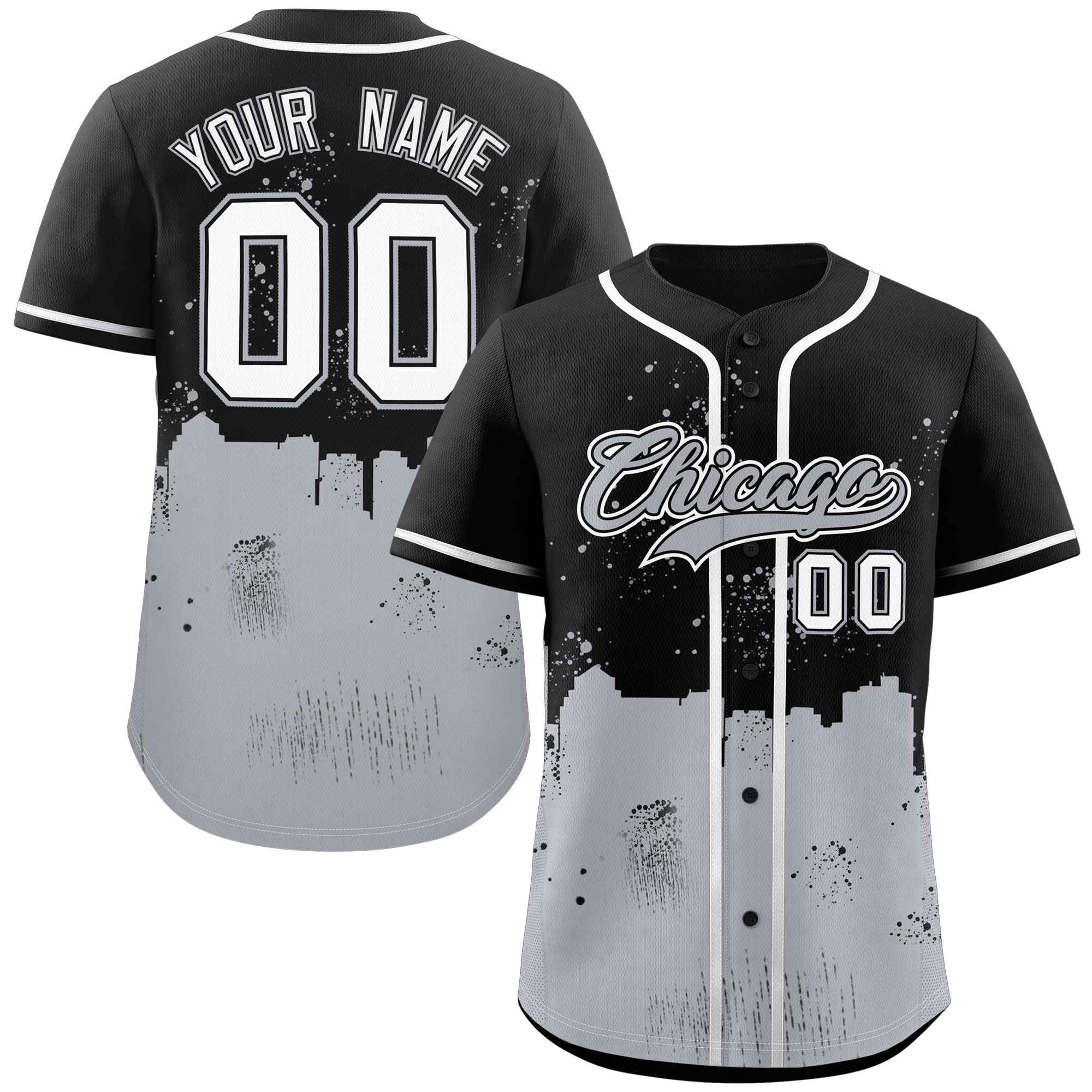 Maillot de baseball personnalisé, noir et gris, personnalisé, paysage nocturne de Chicago City, authentique