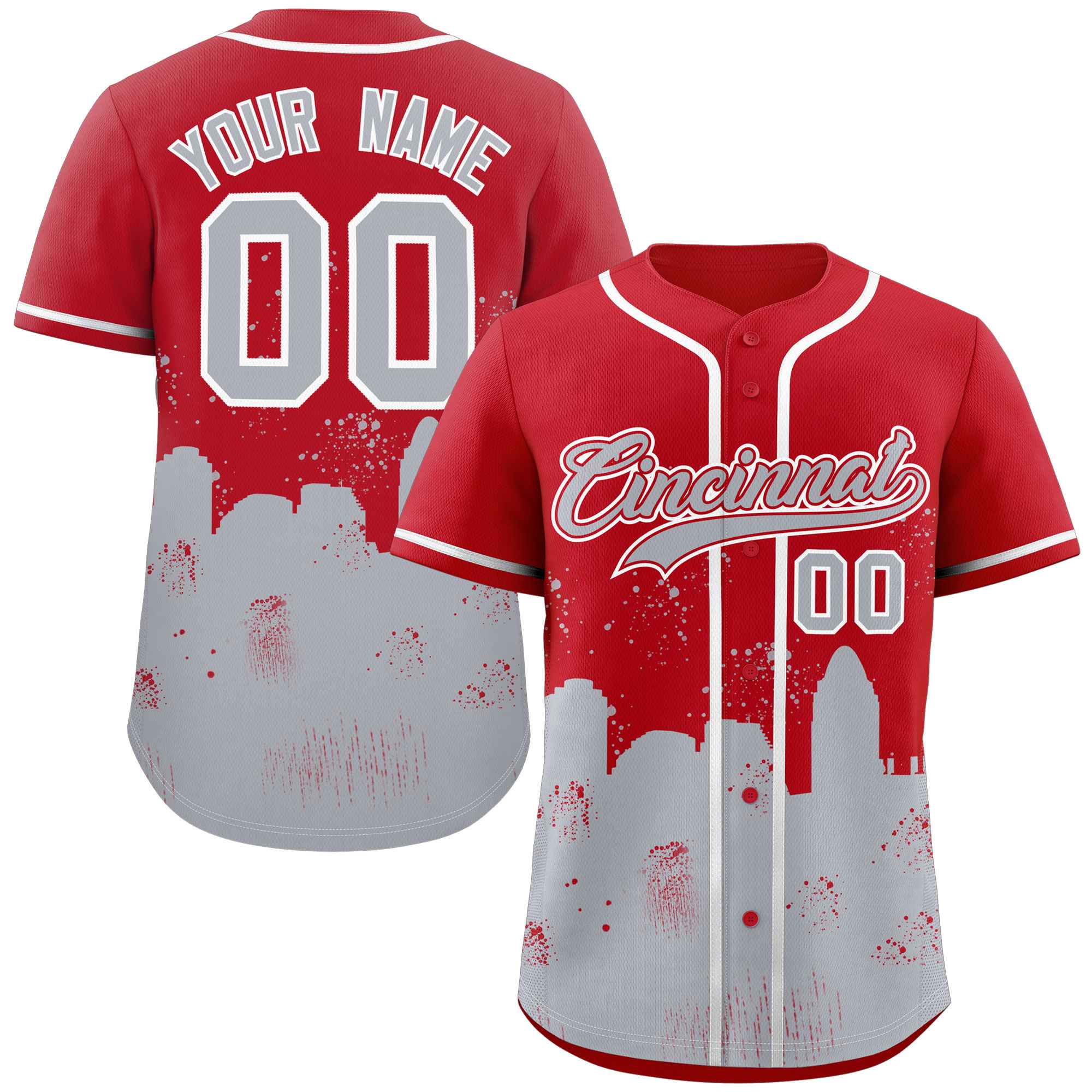 Maillot de baseball personnalisé, rouge et gris, personnalisé, paysage nocturne de la ville de Cincinnati, authentique