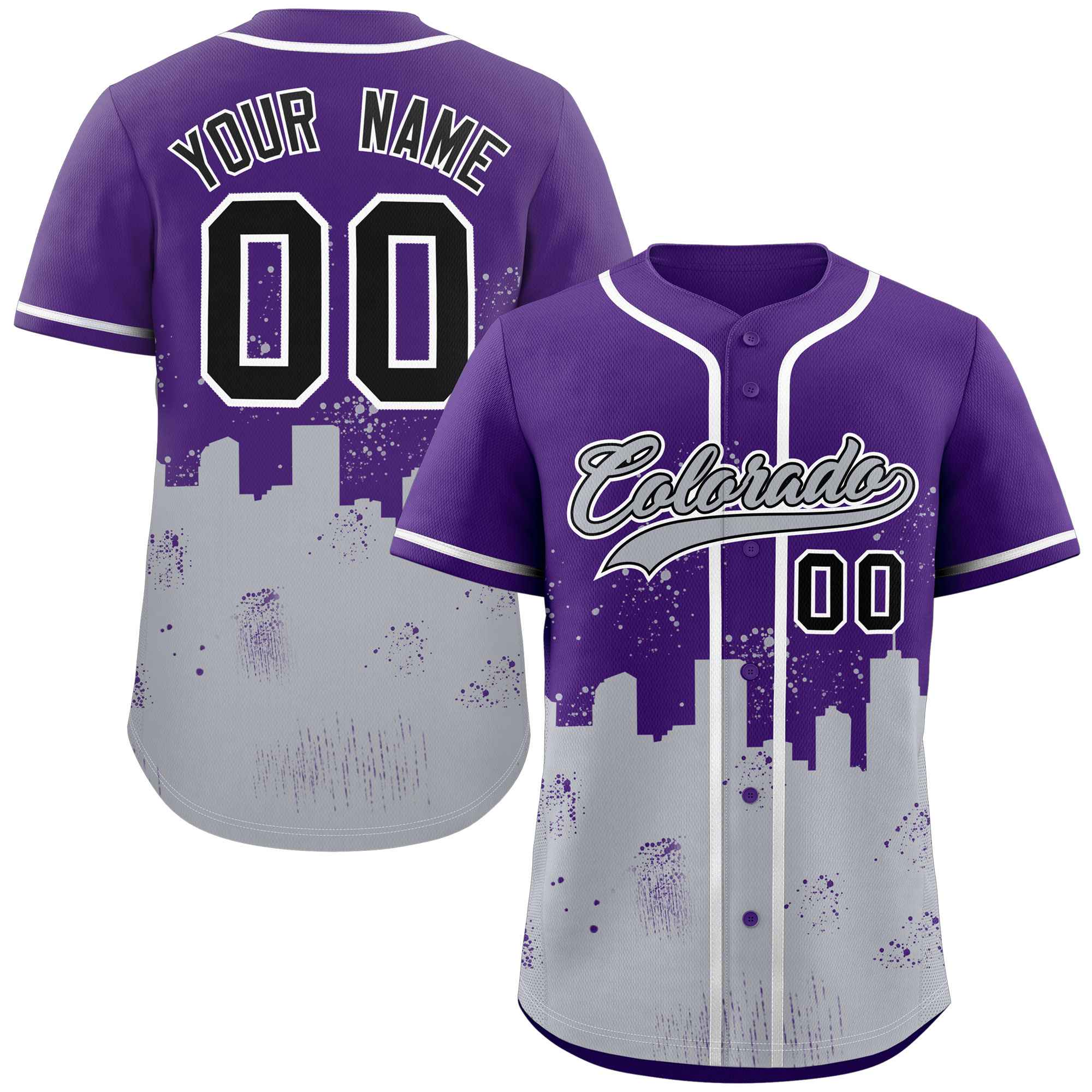 Maillot de baseball personnalisé, violet et gris, personnalisé, Colorado City Nightscape, authentique