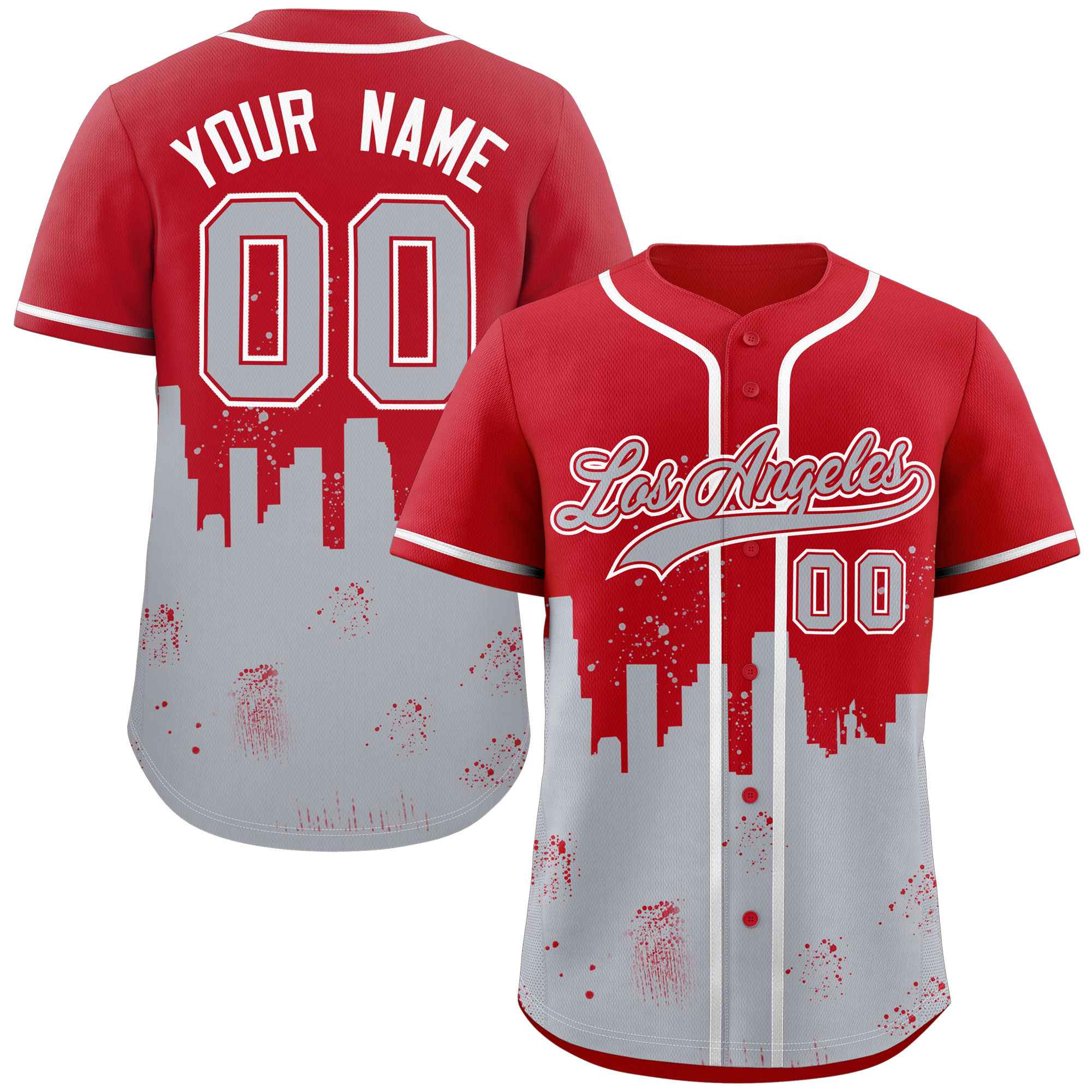 Maillot de baseball personnalisé, rouge et gris, personnalisé, paysage nocturne de la ville de Los Angeles, authentique