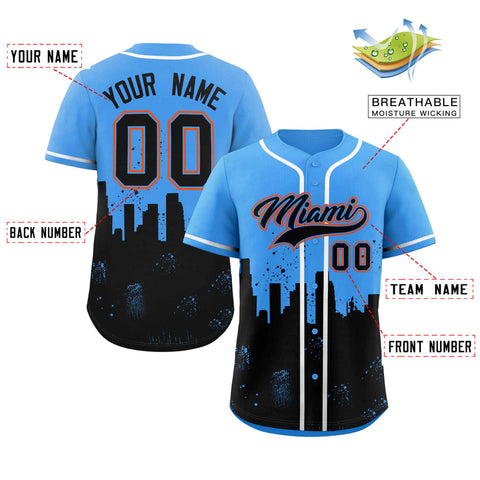 Custom Powder Blue Black Personalized Miami City Nightscape Authentic Baseball Jersey