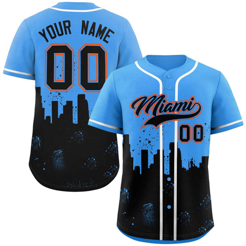 Custom Powder Blue Black Personalized Miami City Nightscape Authentic Baseball Jersey