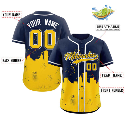 Custom Navy Yellow Personalized Milwaukee City Nightscape Authentic Baseball Jersey