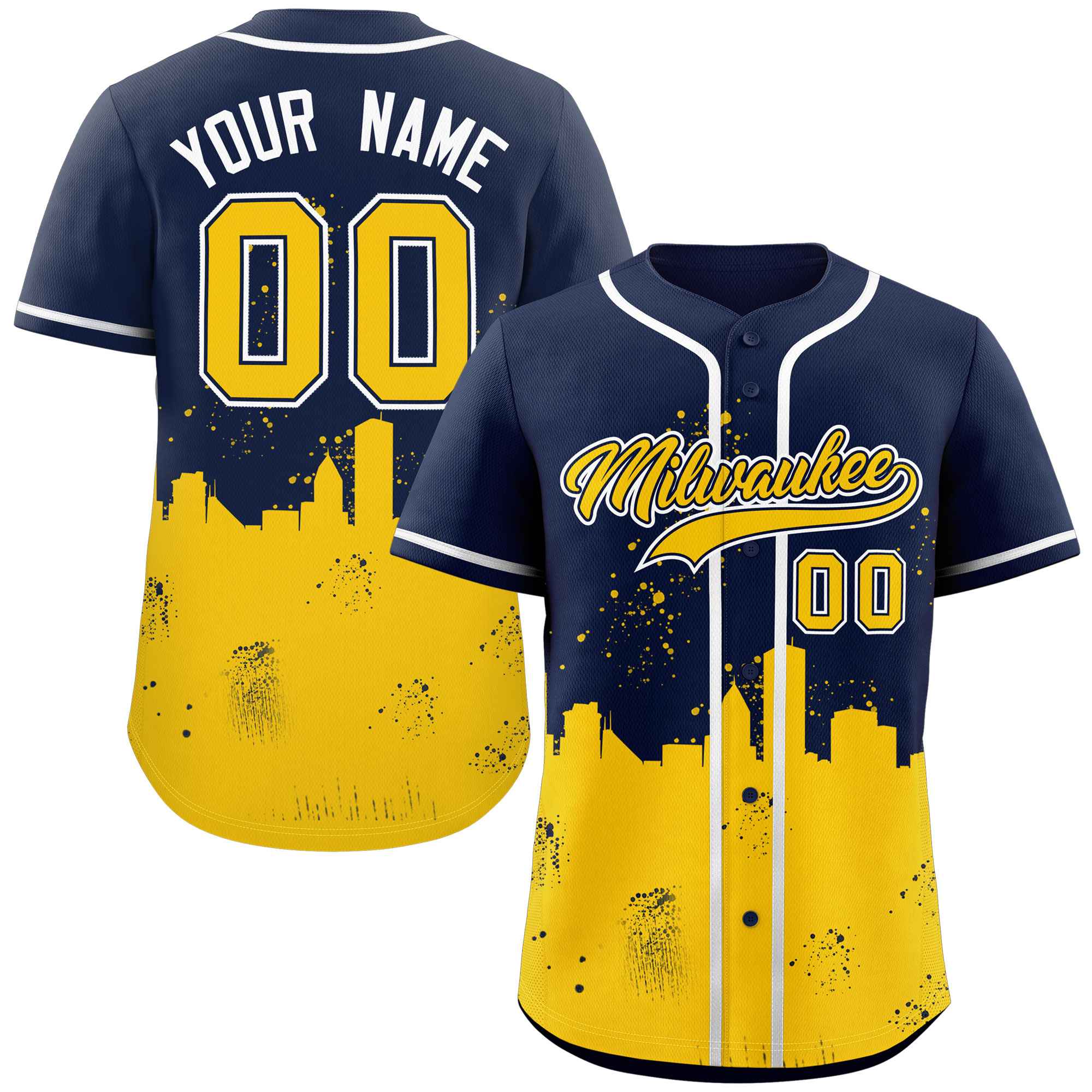 Custom Navy Yellow Personalized Milwaukee City Nightscape Authentic Baseball Jersey