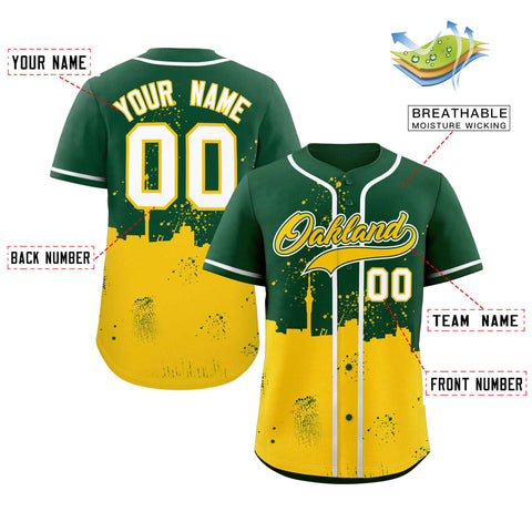 Custom Green Gold Personalized Oakland City Nightscape Authentic Baseball Jersey