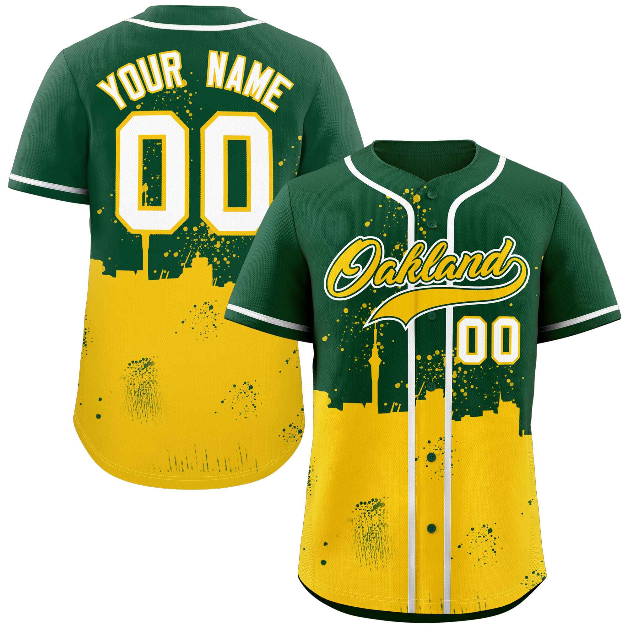 Maillot de baseball personnalisé Oakland City Nightscape, personnalisé, vert et or, authentique