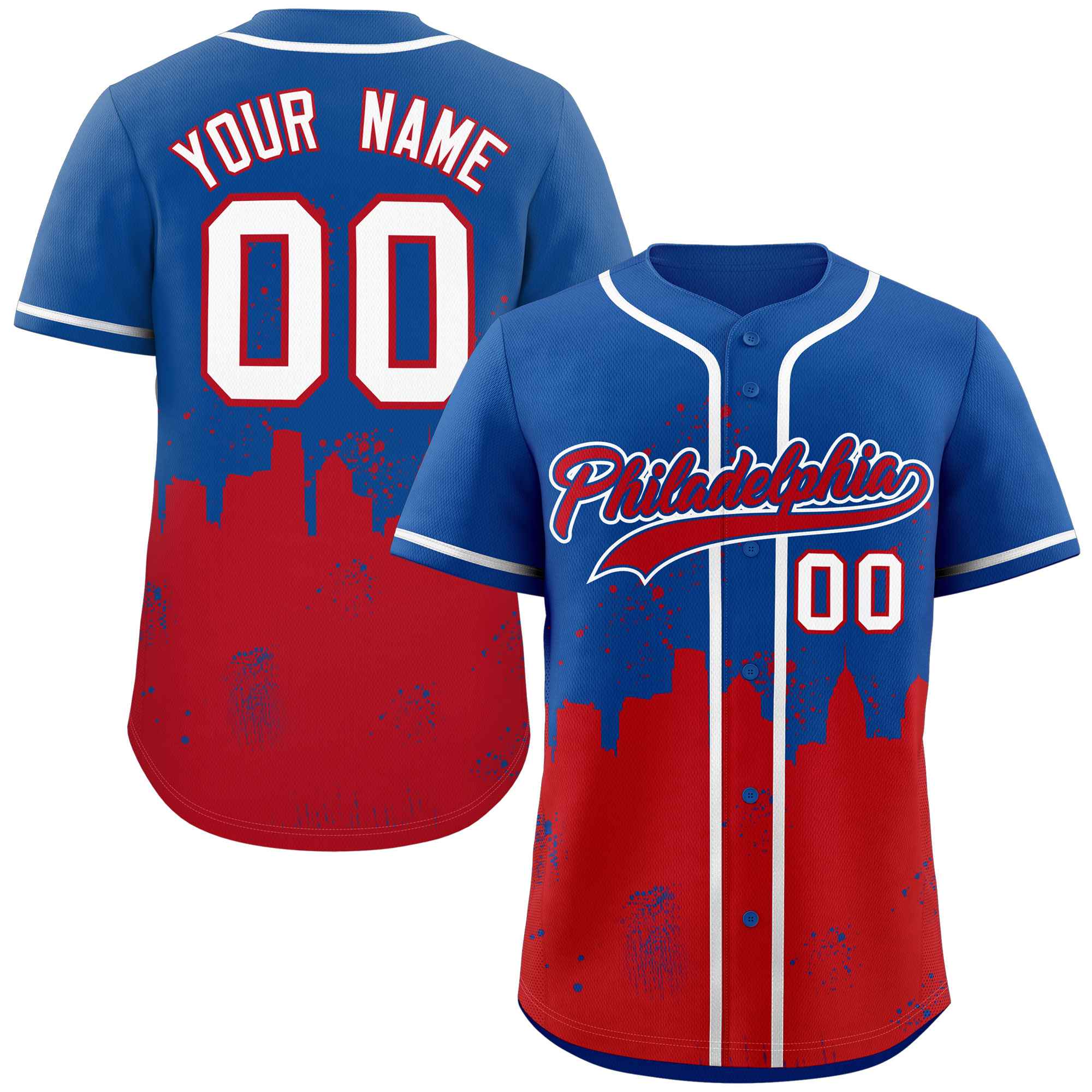 Maillot de baseball personnalisé Royal Red, personnalisé, paysage nocturne de la ville de Philadelphie, authentique