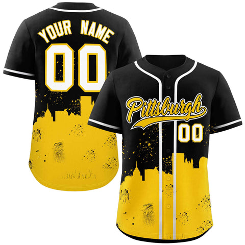 Custom Black Yellow Personalized Pittsburgh City Nightscape Authentic Baseball Jersey