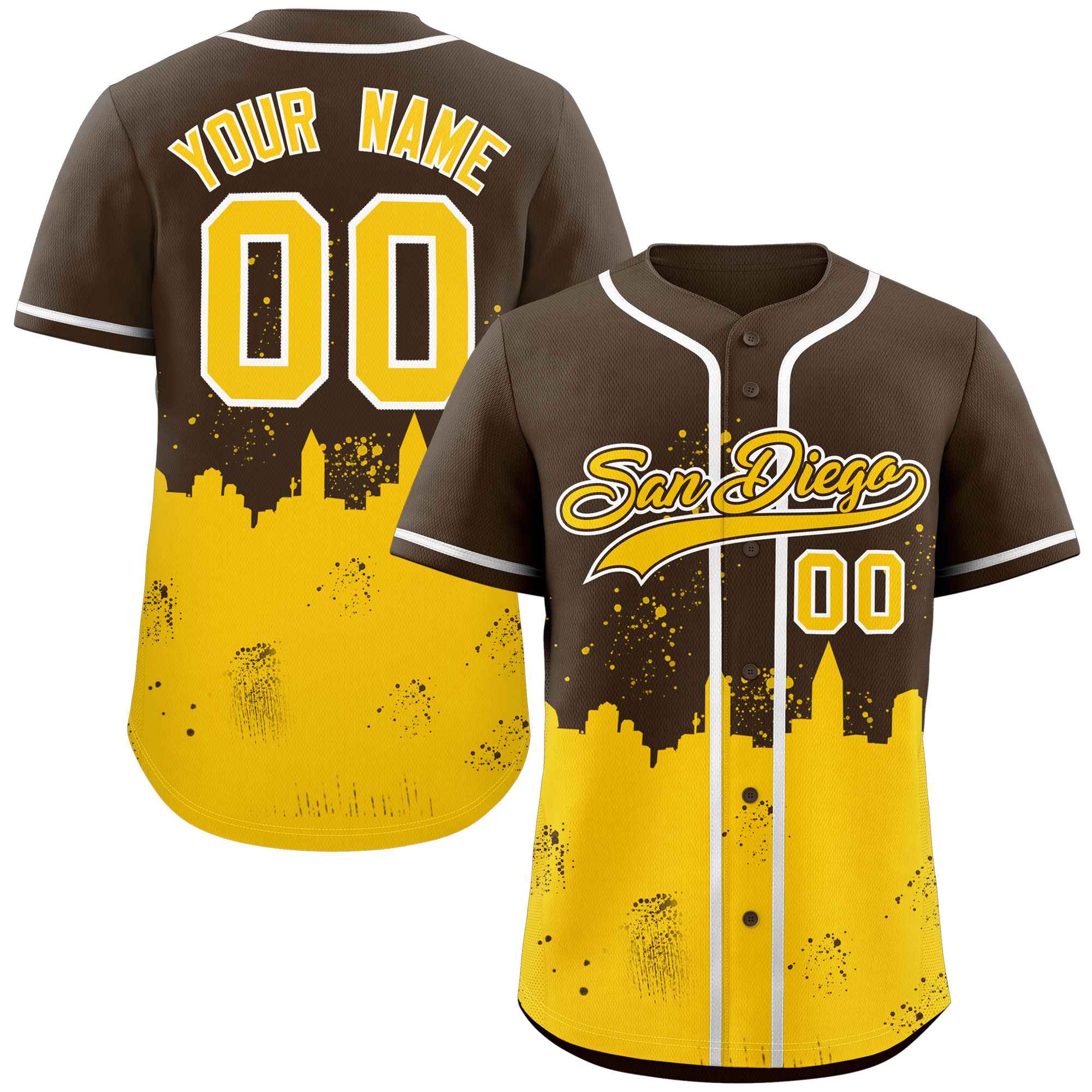 Maillot de baseball personnalisé, marron clair, jaune, personnalisé, paysage nocturne de la ville de San Diego, authentique