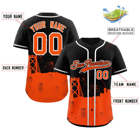 Custom Black Orange Personalized San Francisco City Nightscape Authentic Baseball Jersey