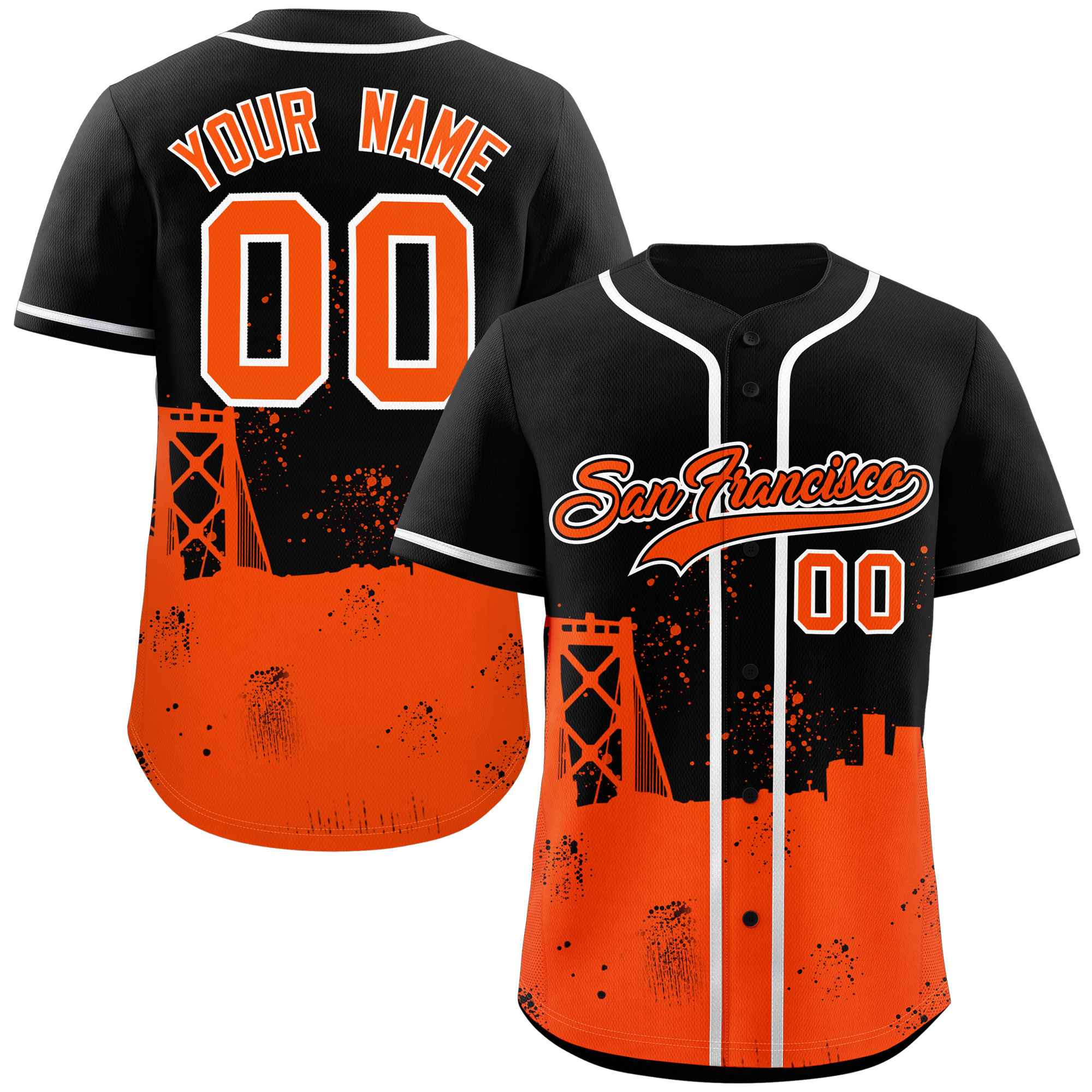 Maillot de baseball personnalisé, noir et Orange, personnalisé, paysage nocturne de la ville de San Francisco, authentique