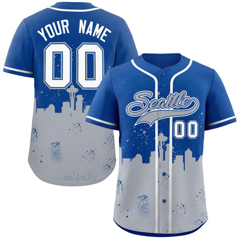 Custom Royal Gray Personalized Seattle City Nightscape Authentic Baseball Jersey