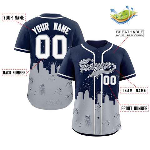 Custom Navy Gray Personalized Tampa City Nightscape Authentic Baseball Jersey