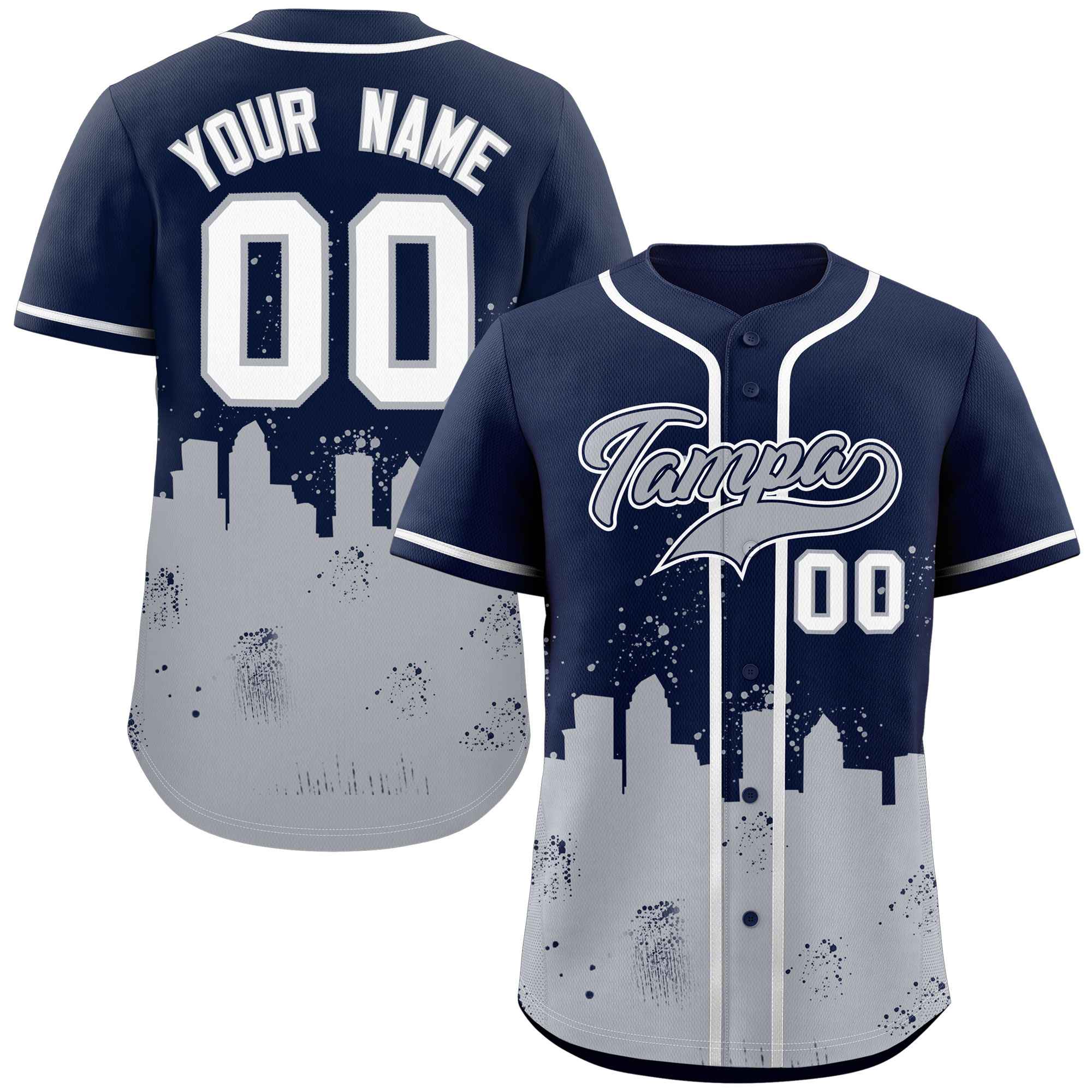 Custom Navy Gray Personalized Tampa City Nightscape Authentic Baseball Jersey