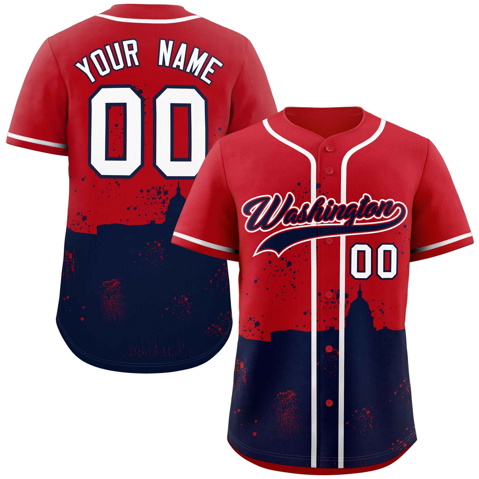 Maillot de baseball personnalisé, personnalisé, rouge marine, paysage nocturne de Washington City, authentique