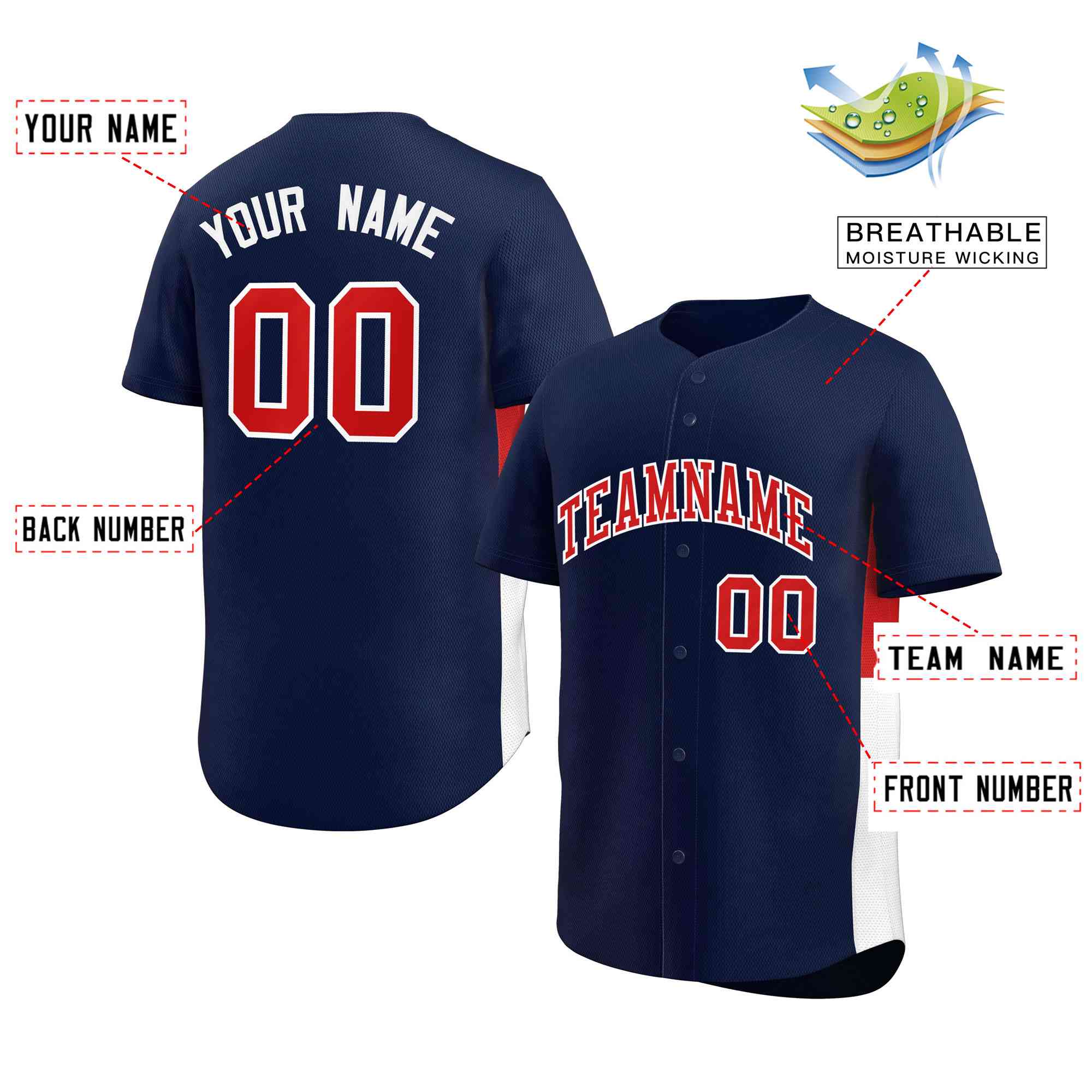 Custom Navy Red-White Personalized Side Two-Tone Design Authentic Baseball Jersey