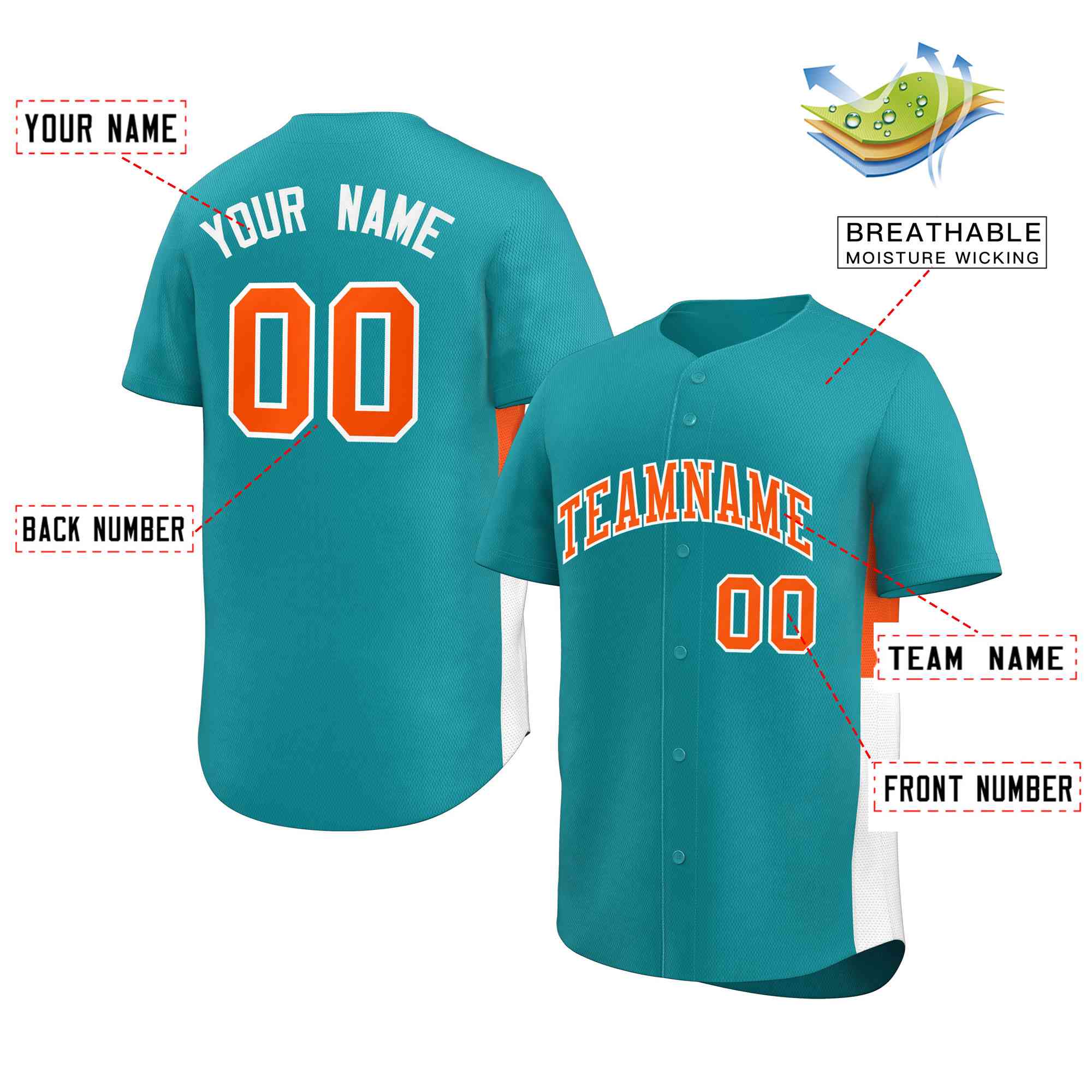 Custom Aqua Orange-White Personalized Side Two-Tone Design Authentic Baseball Jersey