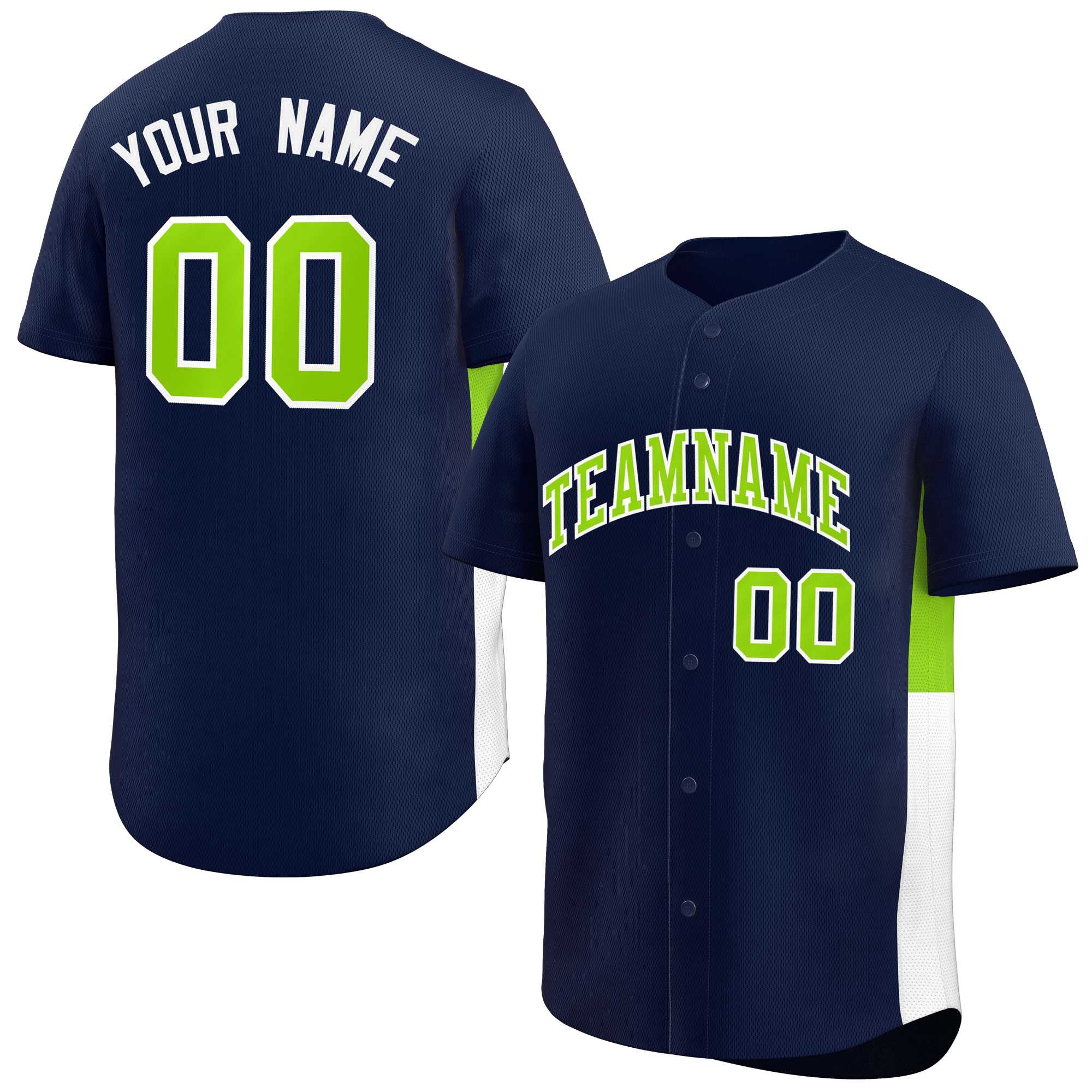 Custom Navy Neon Green-White Personalized Side Two-Tone Design Authentic Baseball Jersey