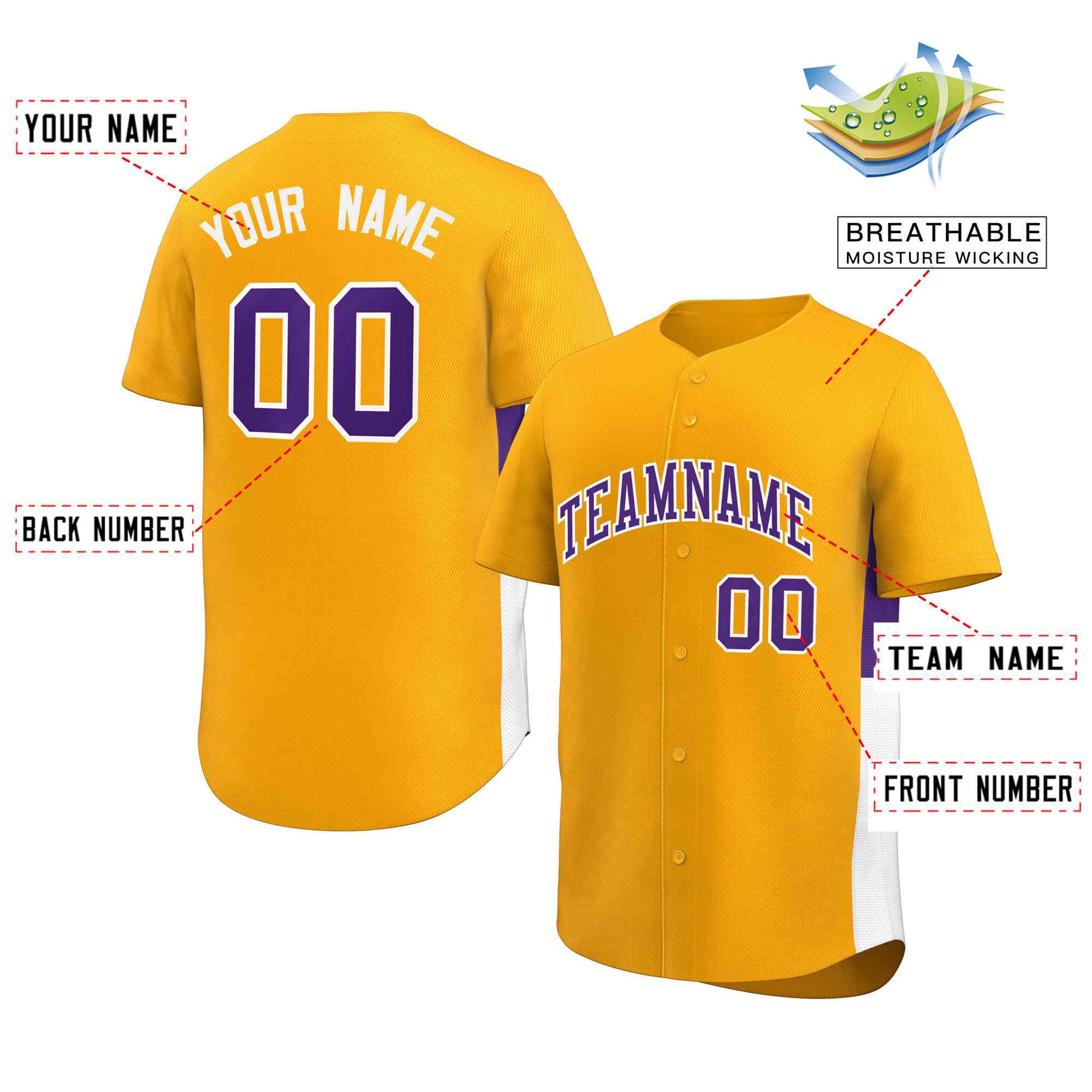 Custom Yellow Purple-White Personalized Side Two-Tone Design Authentic Baseball Jersey