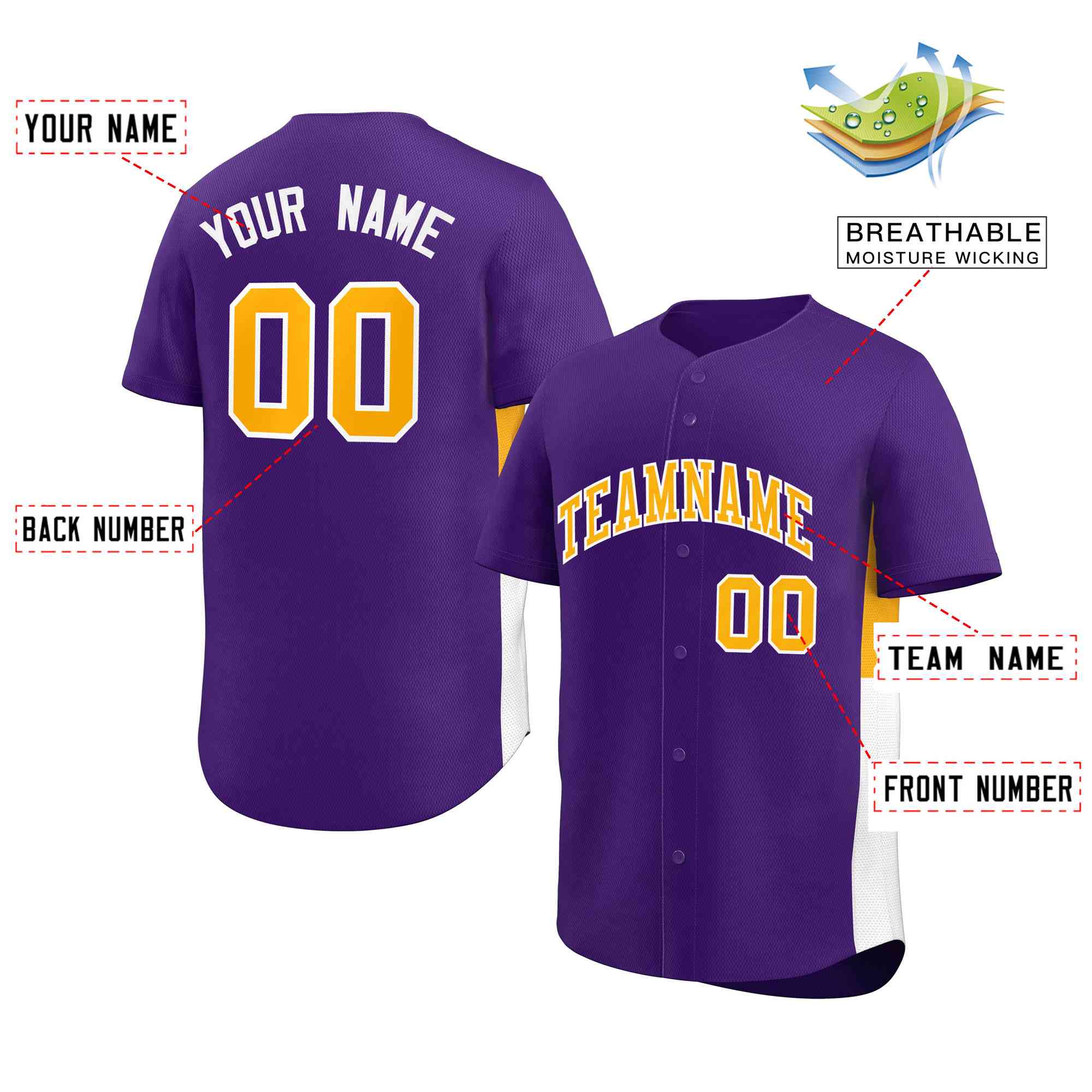 Custom Purple Yellow-White Personalized Side Two-Tone Design Authentic Baseball Jersey