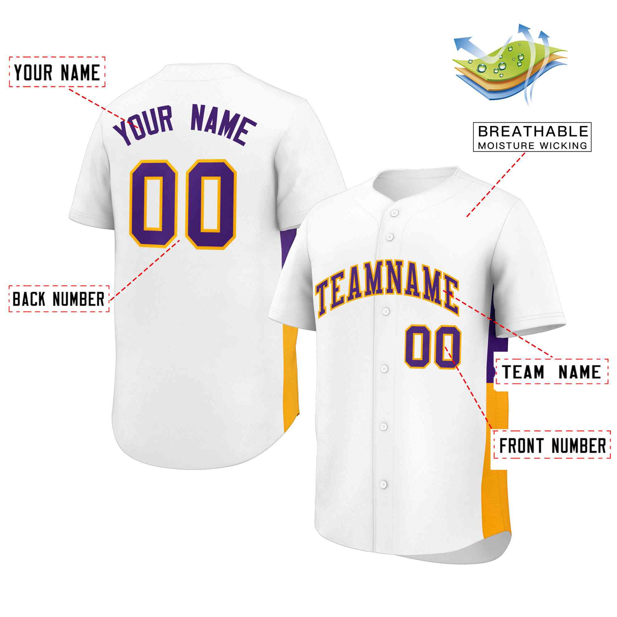 Custom White Purple-Yellow Personalized Side Two-Tone Design Authentic Baseball Jersey