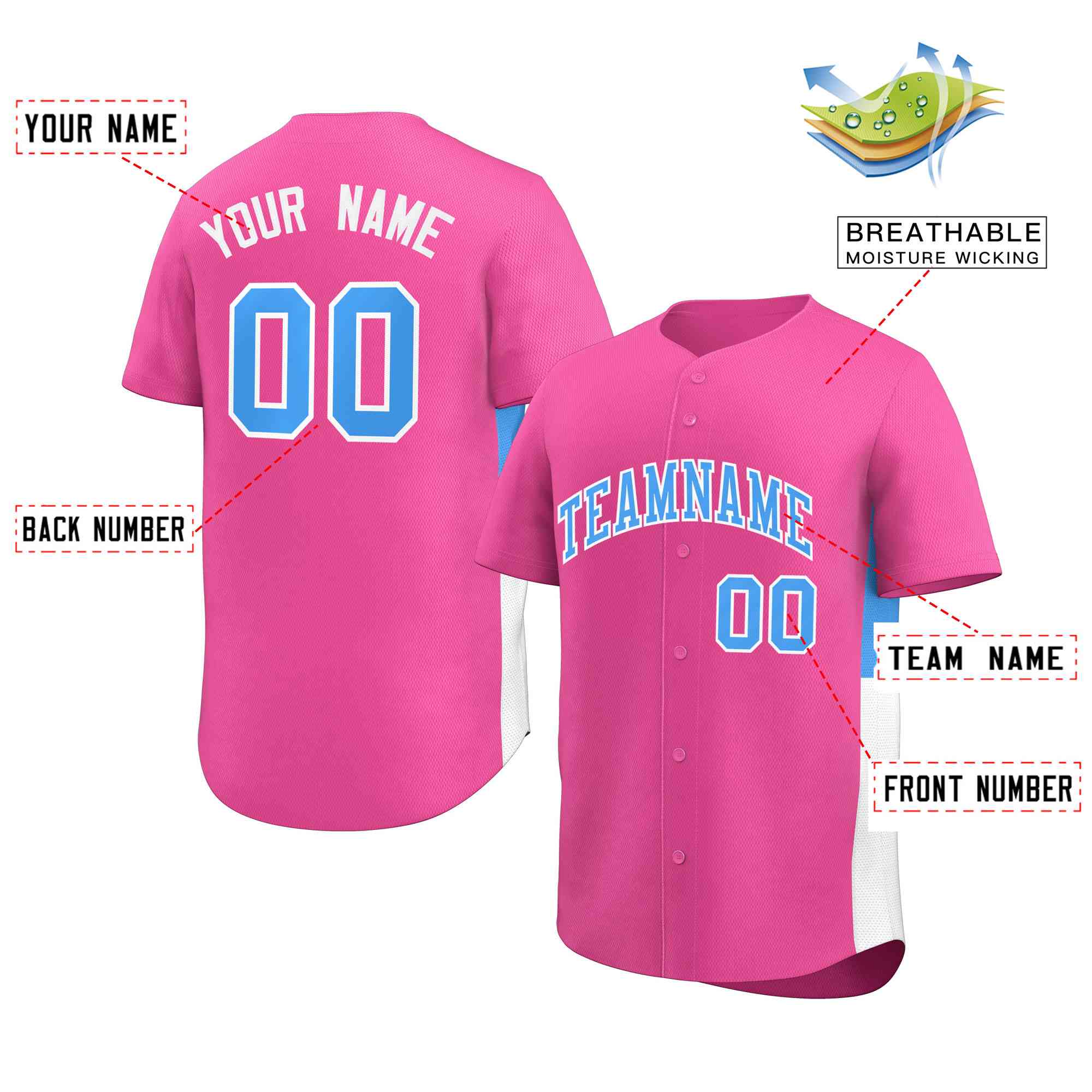 Custom Pink Powder Blue-White Personalized Side Two-Tone Design Authentic Baseball Jersey